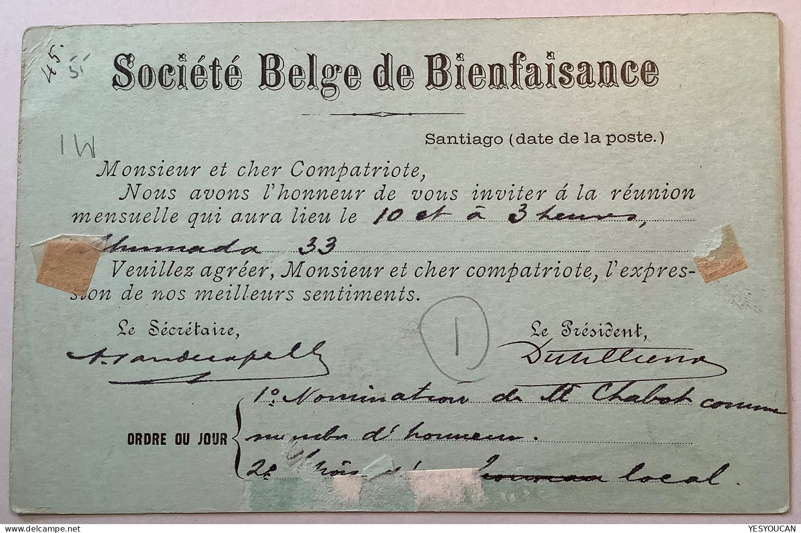 ADVERTISEMENT SOCIÉTÉ BELGE DE BIENFAISANCE 1891 Santiago Chile 1c Postal Stationery Card (Belgique - Chili