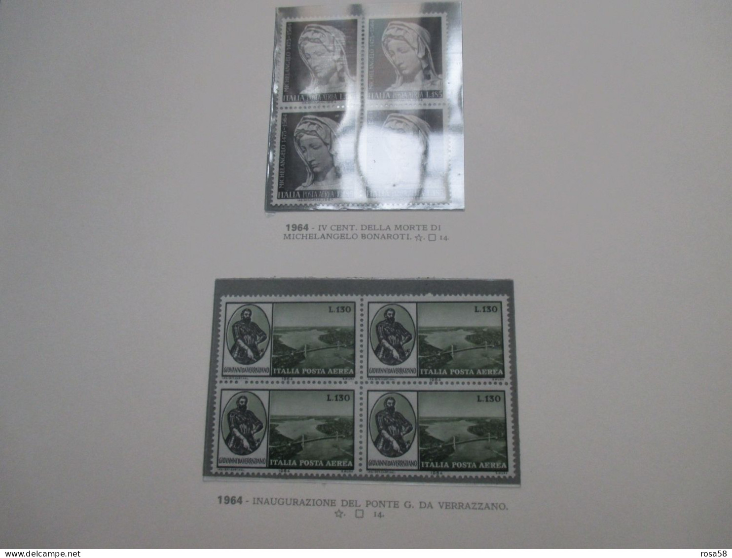 1964  QUARTINE N.2 Valori Posta Aerea Michelangelo 185 Lire + G.da Verrazzano L.130 - 1946-60: Mint/hinged