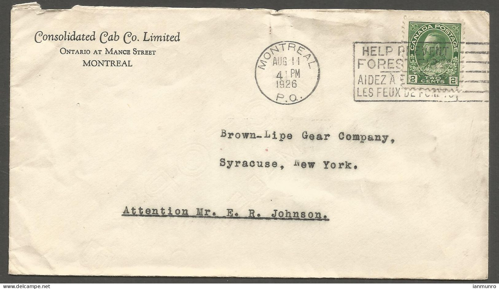 1926 Consolidated Cab Co Corner Card Cover 2c Admiral Slogan Montreal Quebec - Histoire Postale