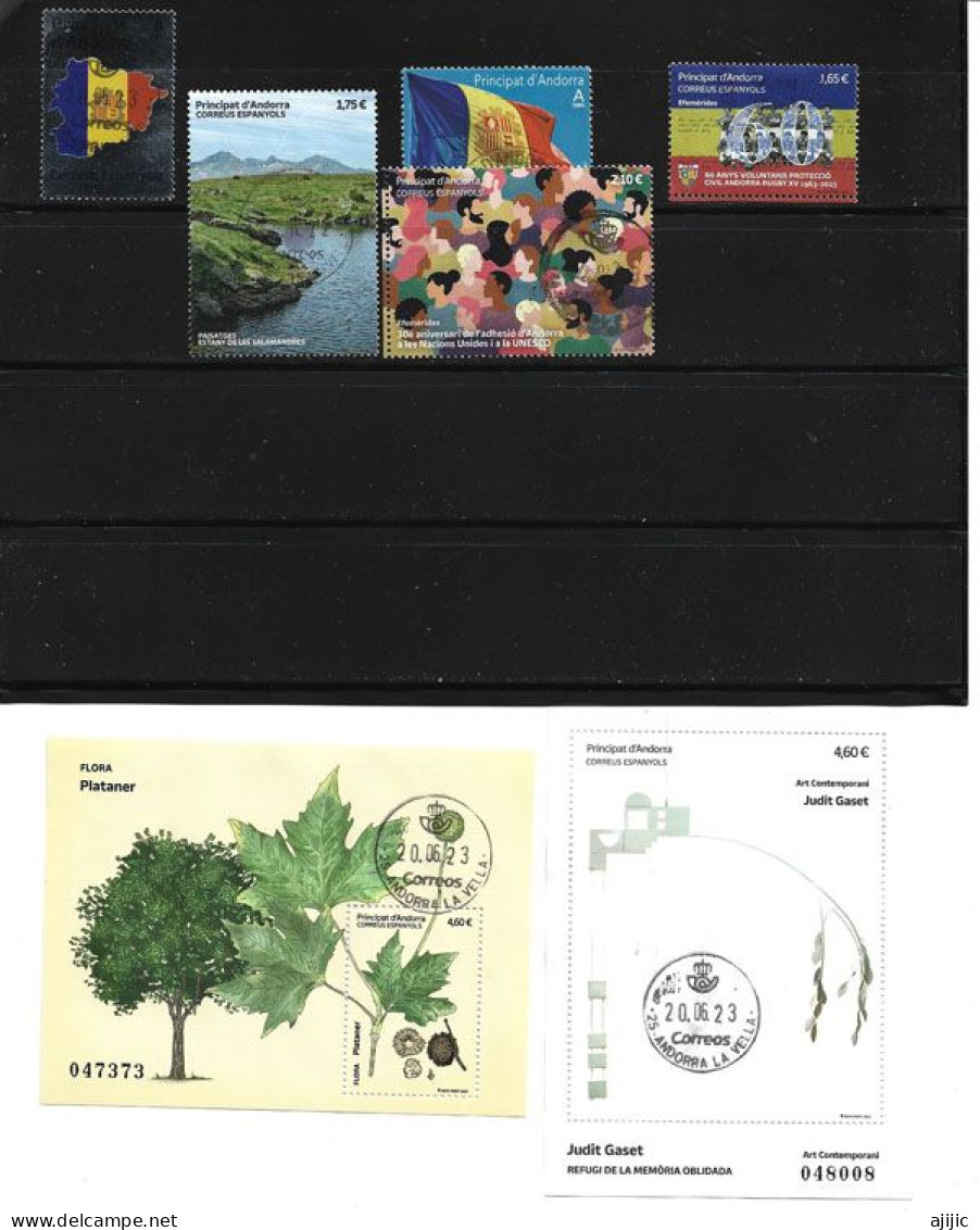 Año 2023. Andorra: Correos Español. 5 Sellos + 2 Hojitas Judit Gaset & Flora Plataner , Usados, 1ª Calidad. Alto Facial - Used Stamps