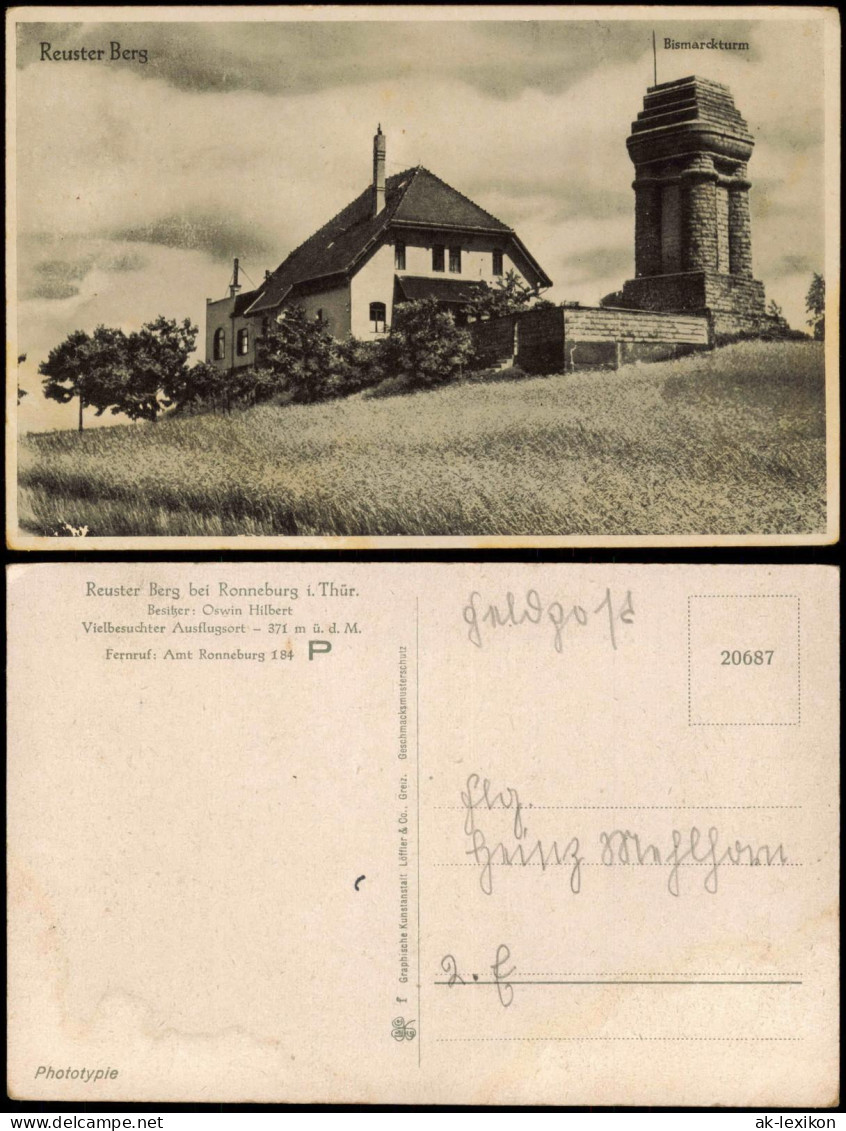 Ansichtskarte Ronneburg (Thüringen) Reuster Berg Bismarckturm 1926 - Ronneburg