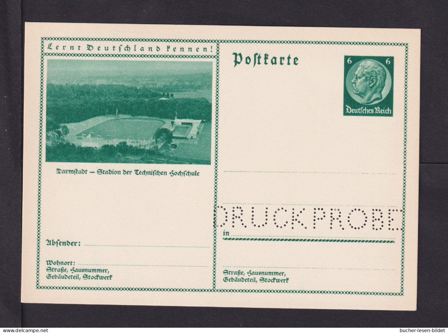 6 Pf. Bild-Ganzsache "Darmstadt - Stadion" - DRUCKPROBE - Cartas & Documentos