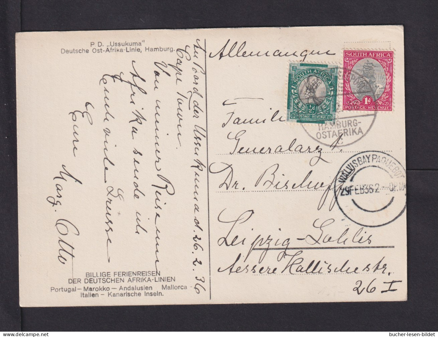 1932 - Transitstempel "Walvisbay Paquebot" Auf Schiffspost-Karte Nach Leipzig - Covers & Documents