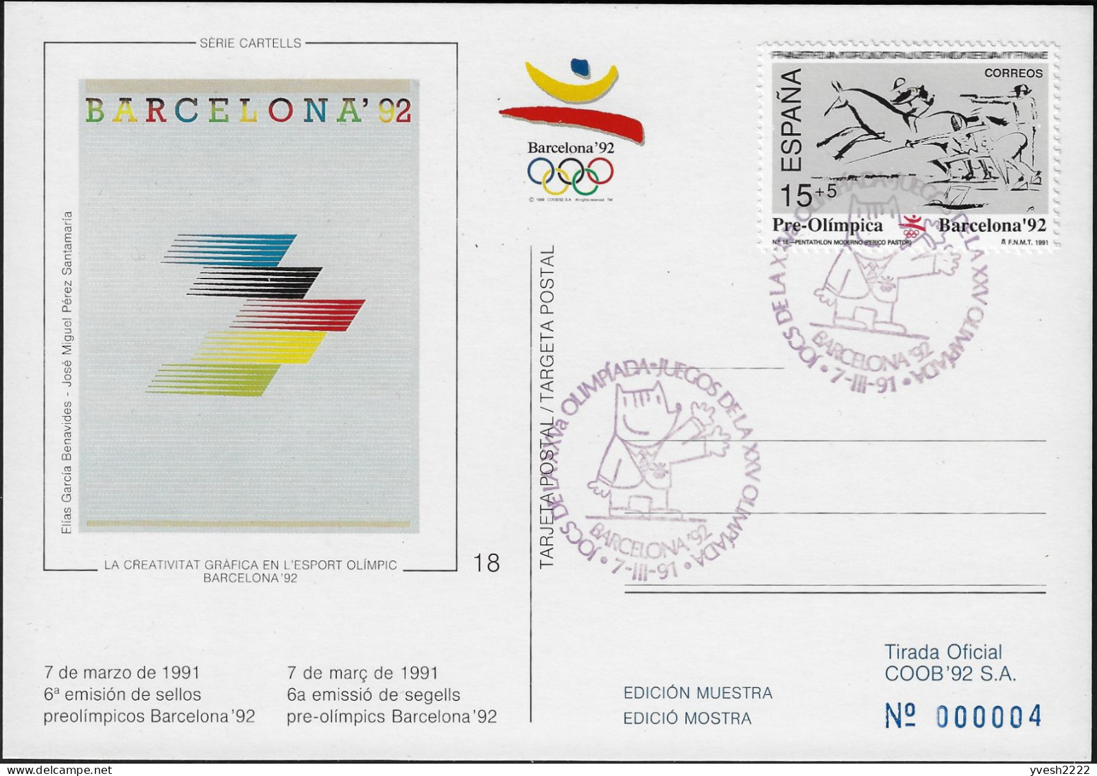 Espagne 1991 Y&T 2715 Sur Carte Spéciale. Jeux Olympiques De Barcelone. Pentathlon Moderne - Zomer 1992: Barcelona