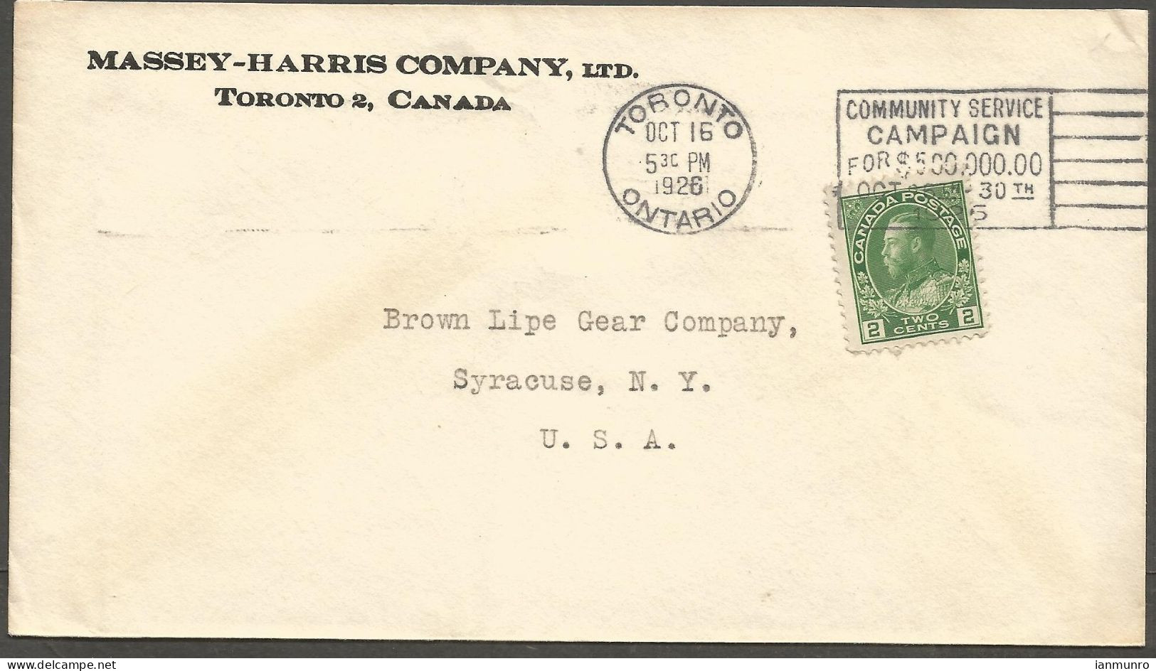 1926 Massey Harris Company Corner Card Cover 2c Admiral Slogan Toronto Ontario - Postgeschiedenis