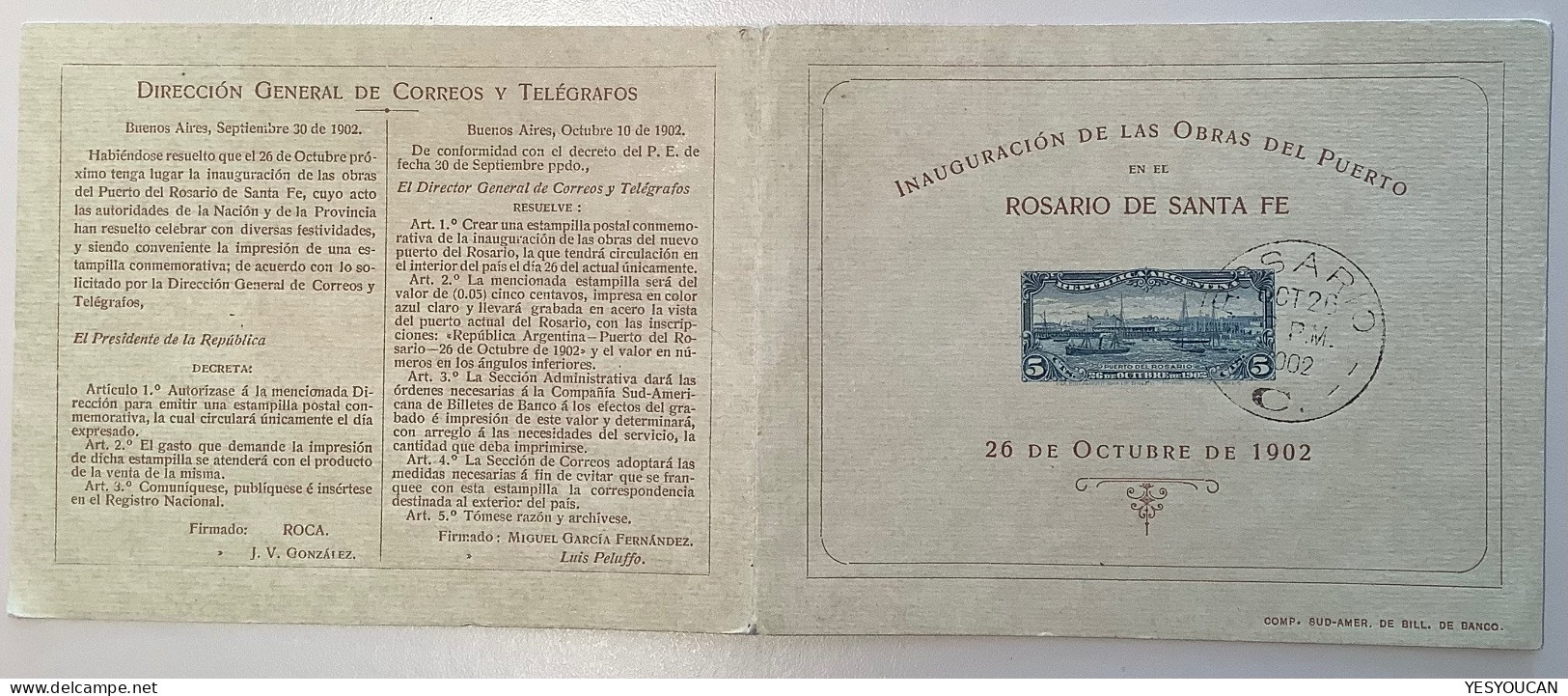 1902 Very Rare Used 5c Inauguration Del Puerto De Rosario Souvenir Proof Folder (Argentina Port Sailing Ship Voilier - Usati