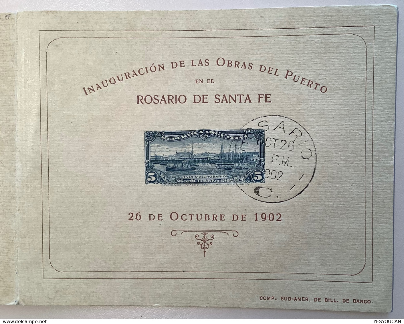 1902 Very Rare Used 5c Inauguration Del Puerto De Rosario Souvenir Proof Folder (Argentina Port Sailing Ship Voilier - Oblitérés