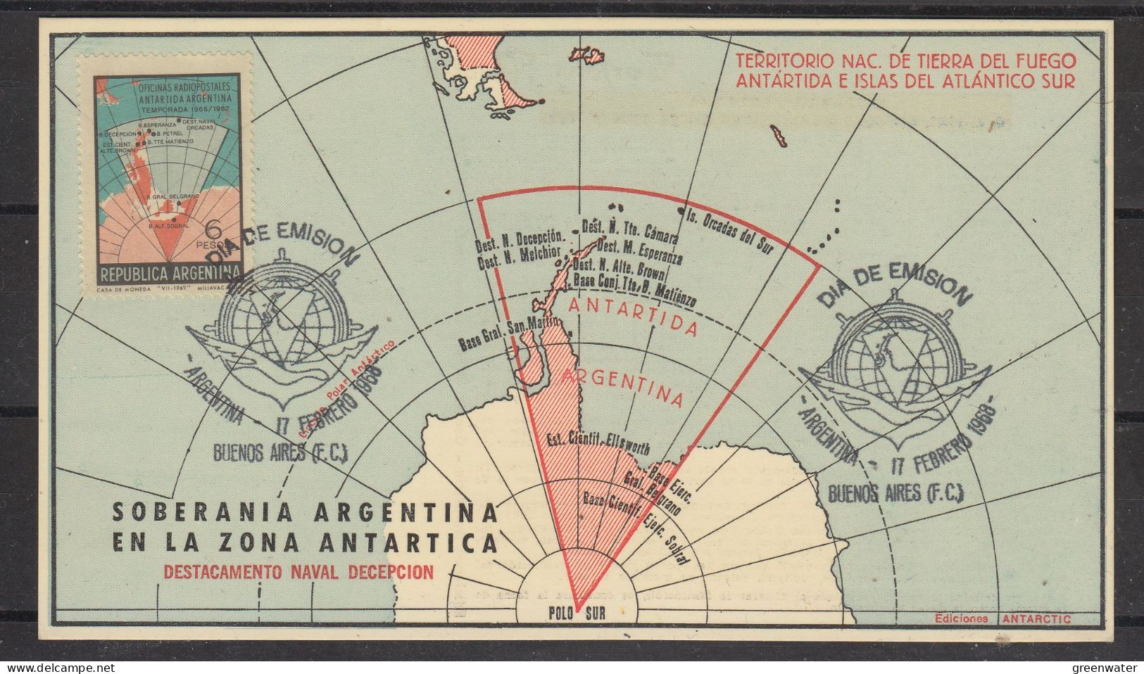 Argentina Soberania Argentina En La Zona Antarctica FDC Card 1968 (ZO191) - Bases Antarctiques