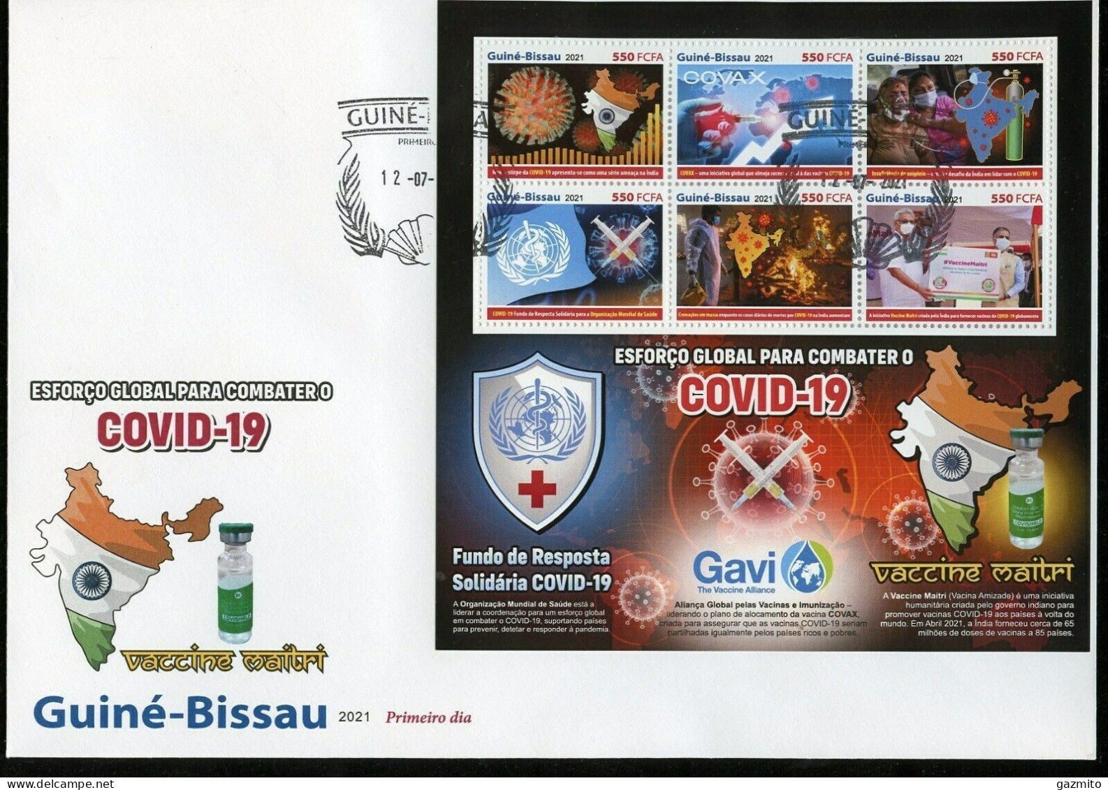 Guinea Bissau 2021, Against Covid, WHO, Red Cross, Map, Flag, 6val In BF In FDC - Francobolli