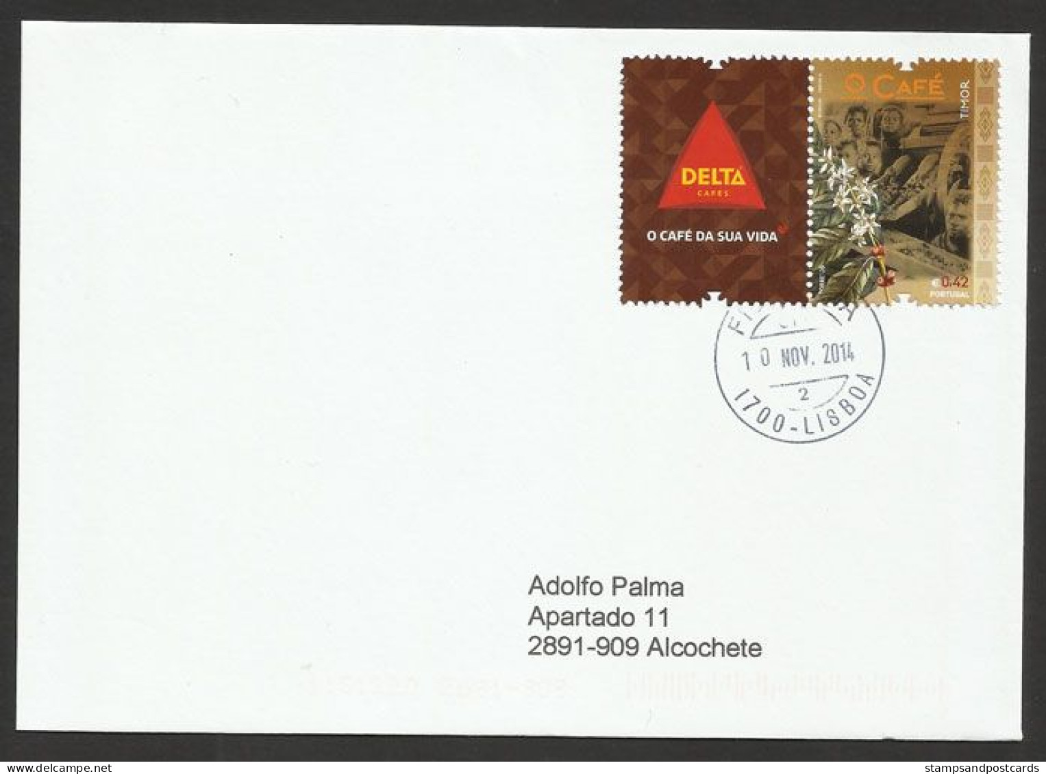 Portugal 2014 Café Timor Lettre Premier Jour Timbre Avec Vignette Café Delta Coffee East Timor Corporate Tab Cover - Storia Postale