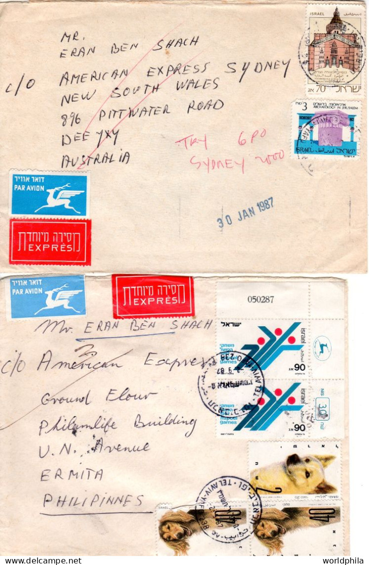 Israel To Australia And Philipiness 1987 2 Special Delivery Express Covers XII - Cartas & Documentos