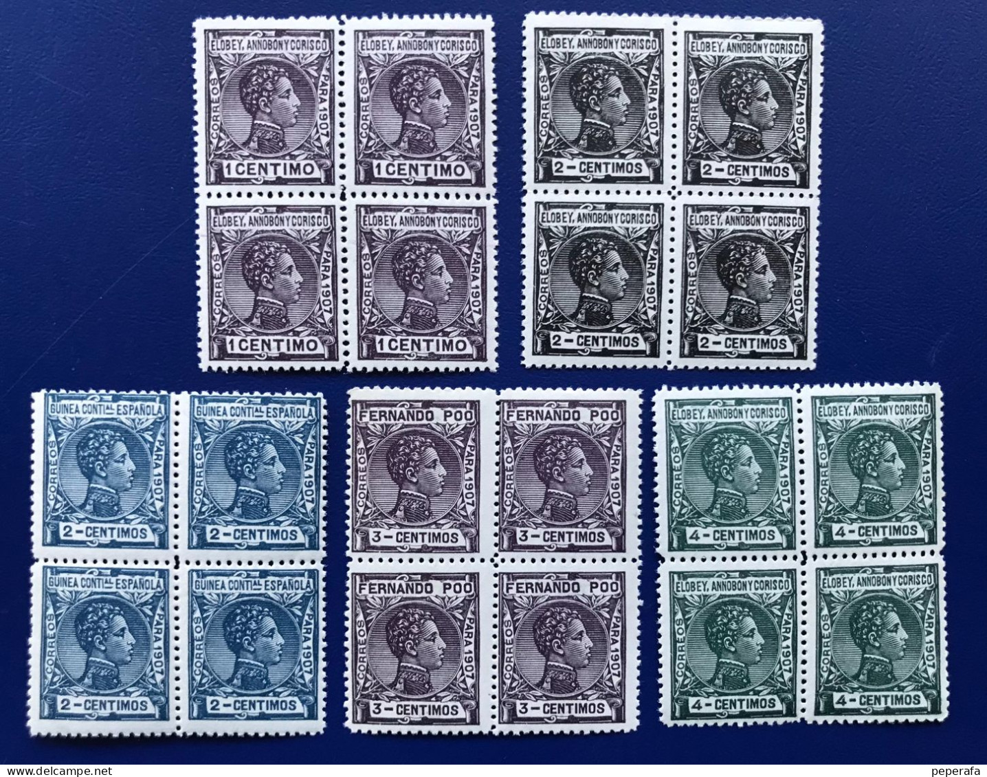 Spain, Spagne, España, GUINEA ESPAÑOLA, GOLFO DE GUINEA 1909, 5 BLOQUE DE 4 SELLOS NUEVOS - Guinea Española