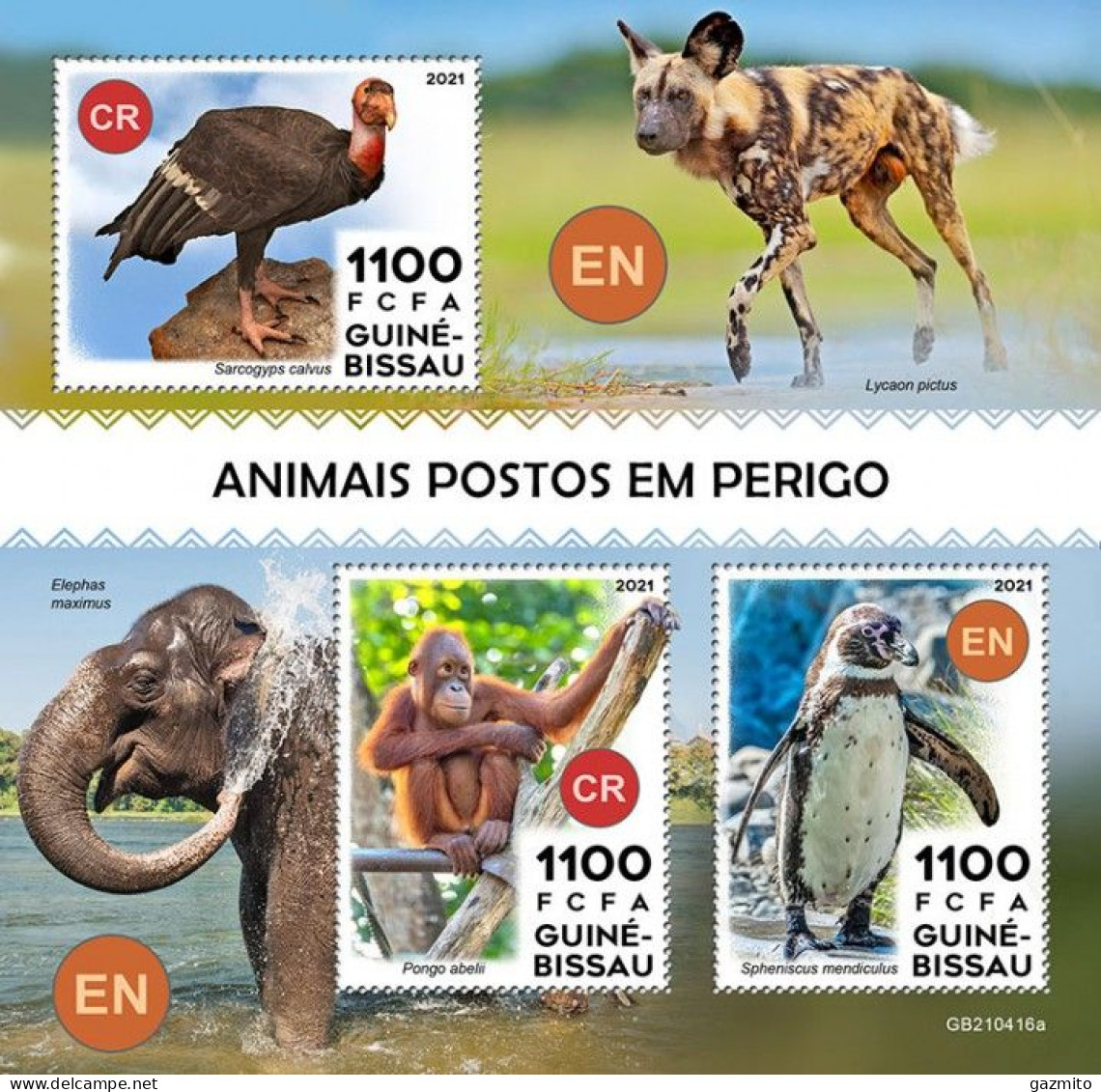 Guinea Bissau 2021, Animals In Danger, Penguin, Monkey, Jena, Elephant, 3val In BF - Pingouins & Manchots