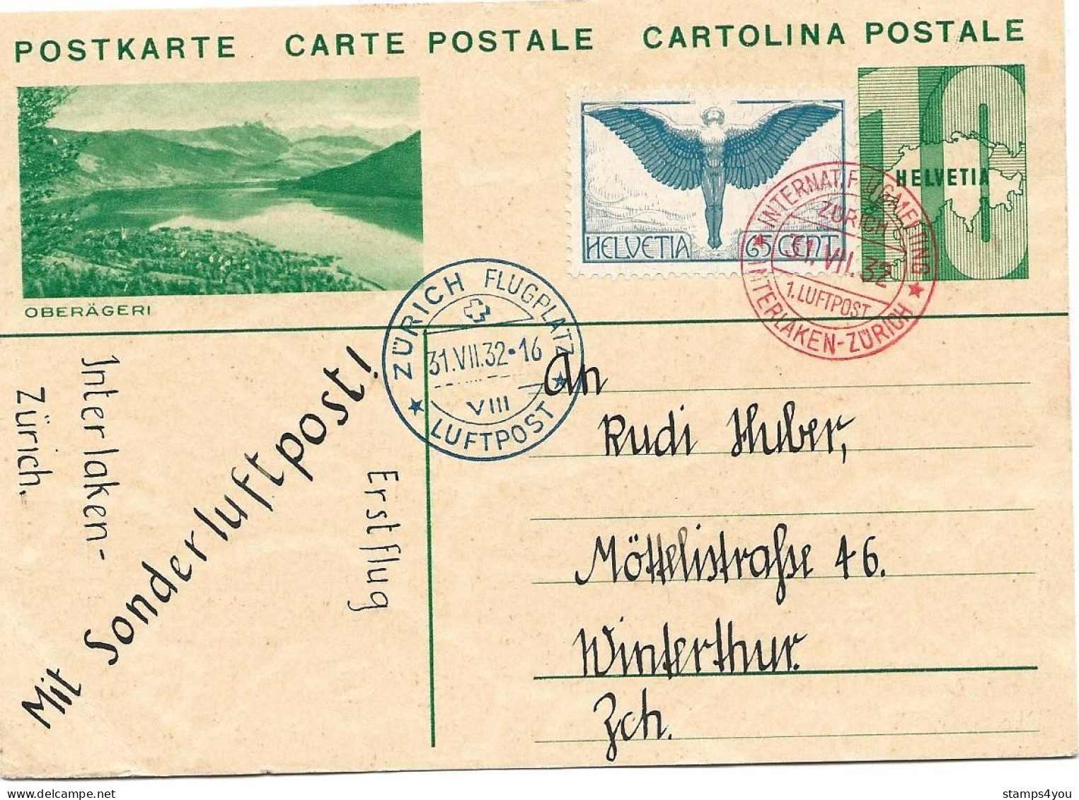 13 - 61 - Entier Postal Avec Illustration Oberägeri - Vol Spécial Interlaken-Zürich 3ème Meeting International 1932 - Otros & Sin Clasificación