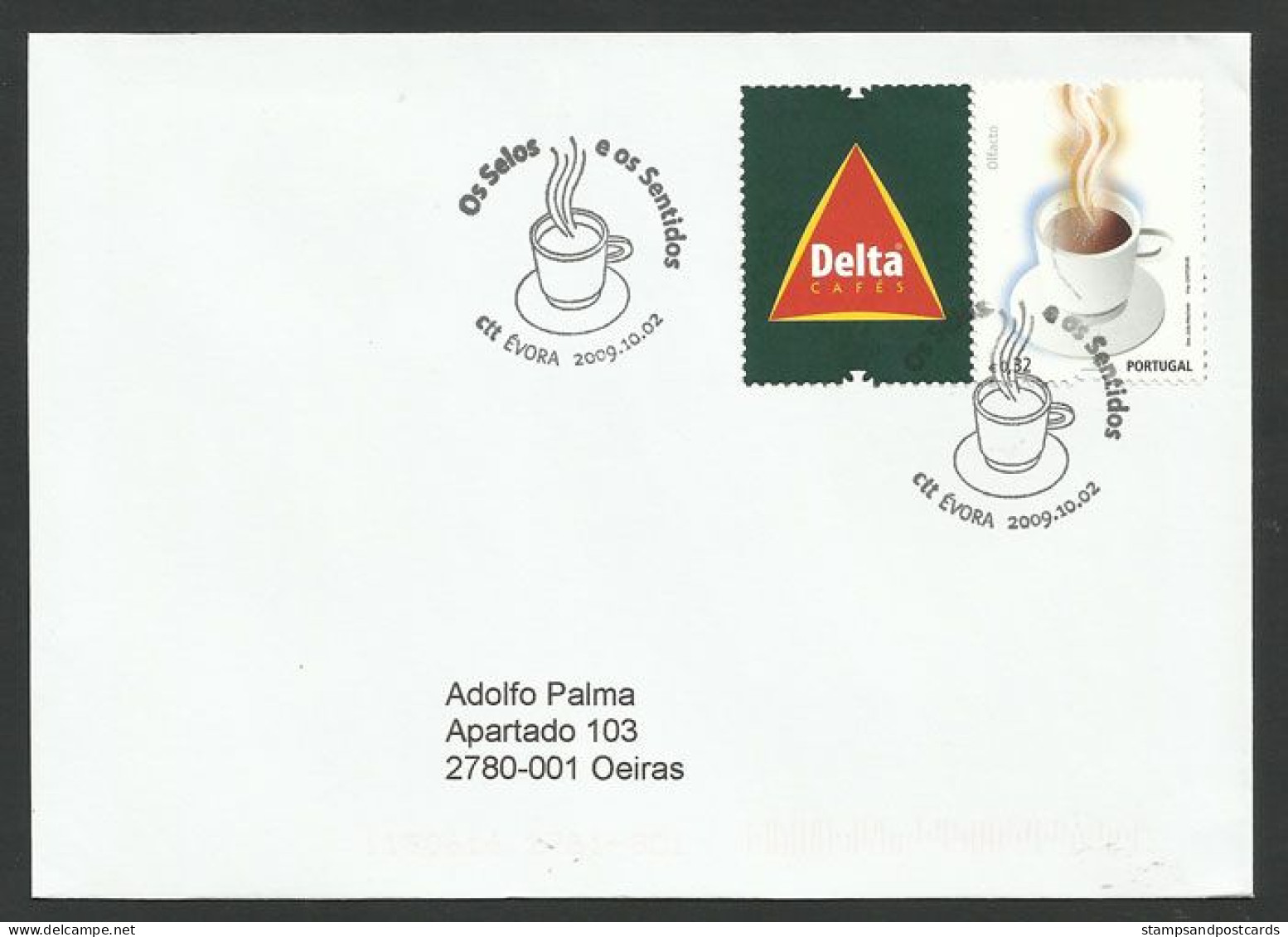 Portugal FDC Voyagé Timbre Avec Vignette Delta Odeur Café 2009 Postally Used FDC Coffee Smell Stamp Corporate - FDC