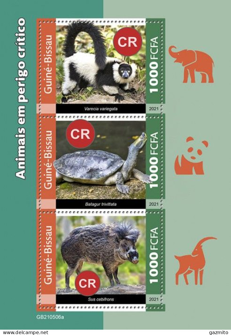 Guinea Bissau 2021, Animals In Danger, Monkey, Turtle, Elephant, Panda, 3val In BF - Tortues