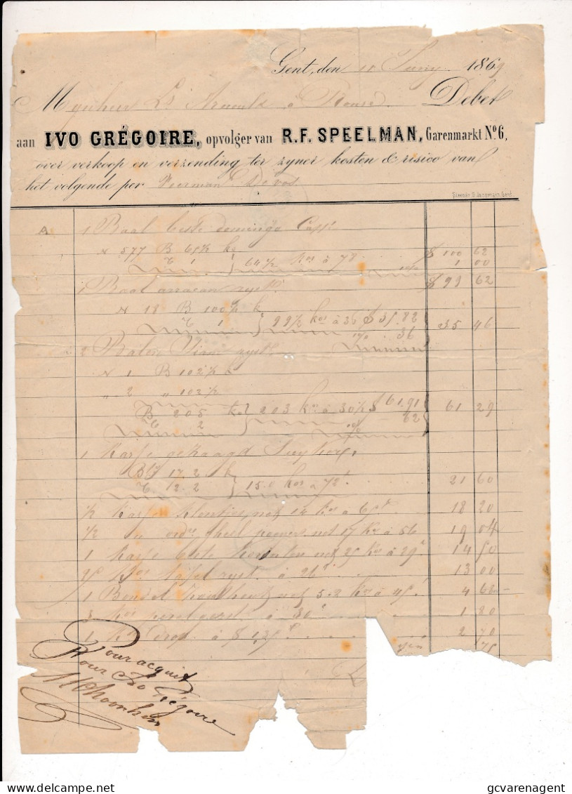 BRIEF  FACTUUR  1869   GENT 1869  R.F. SPEELMAN  GARENMARKT N°6      GAND - 1849-1865 Medaillons (Varia)