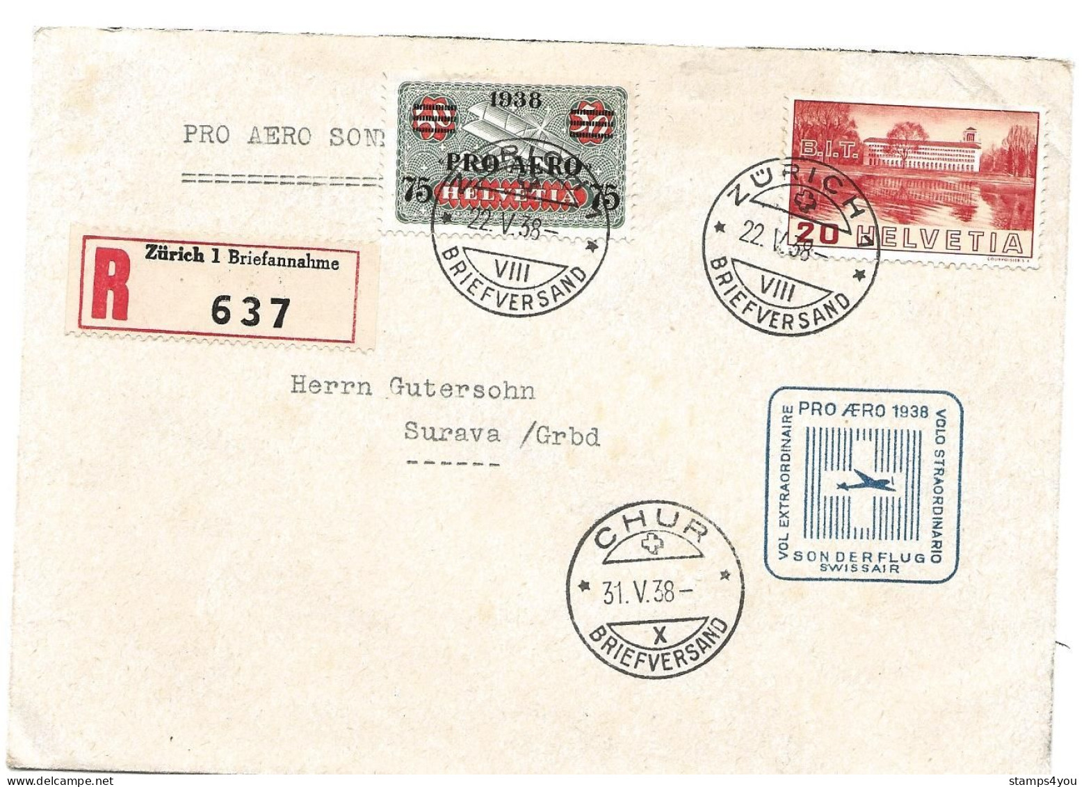 13 - 63 - Enveloppe Recommandée Vol Pro Aero 1938 Zürich-Chur - Sonstige & Ohne Zuordnung