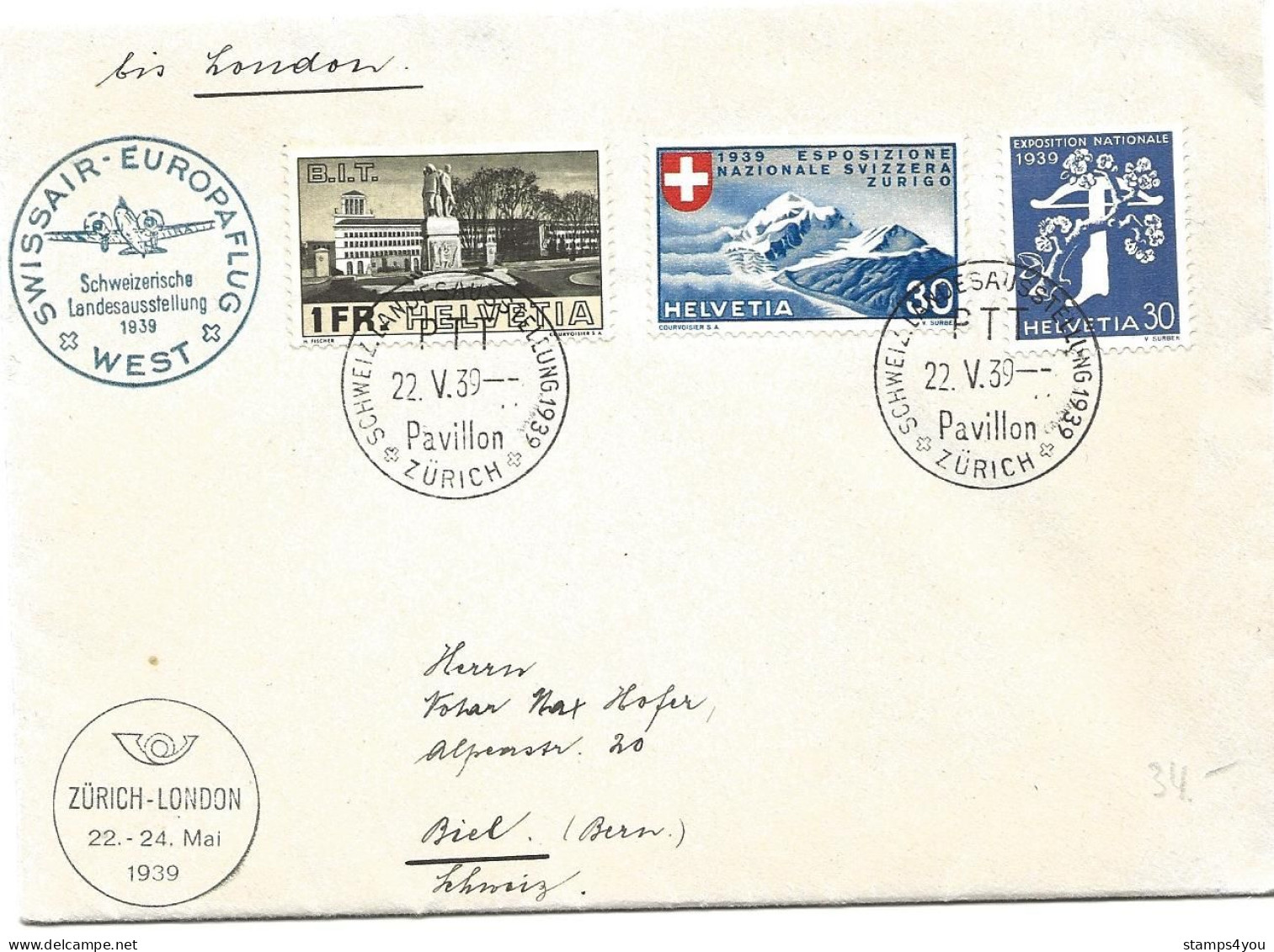 13 - 71 - Enveloppe "vol Swissair Europaflug West" Zürich-London 1939 - Bel Affranchissement - Otros & Sin Clasificación