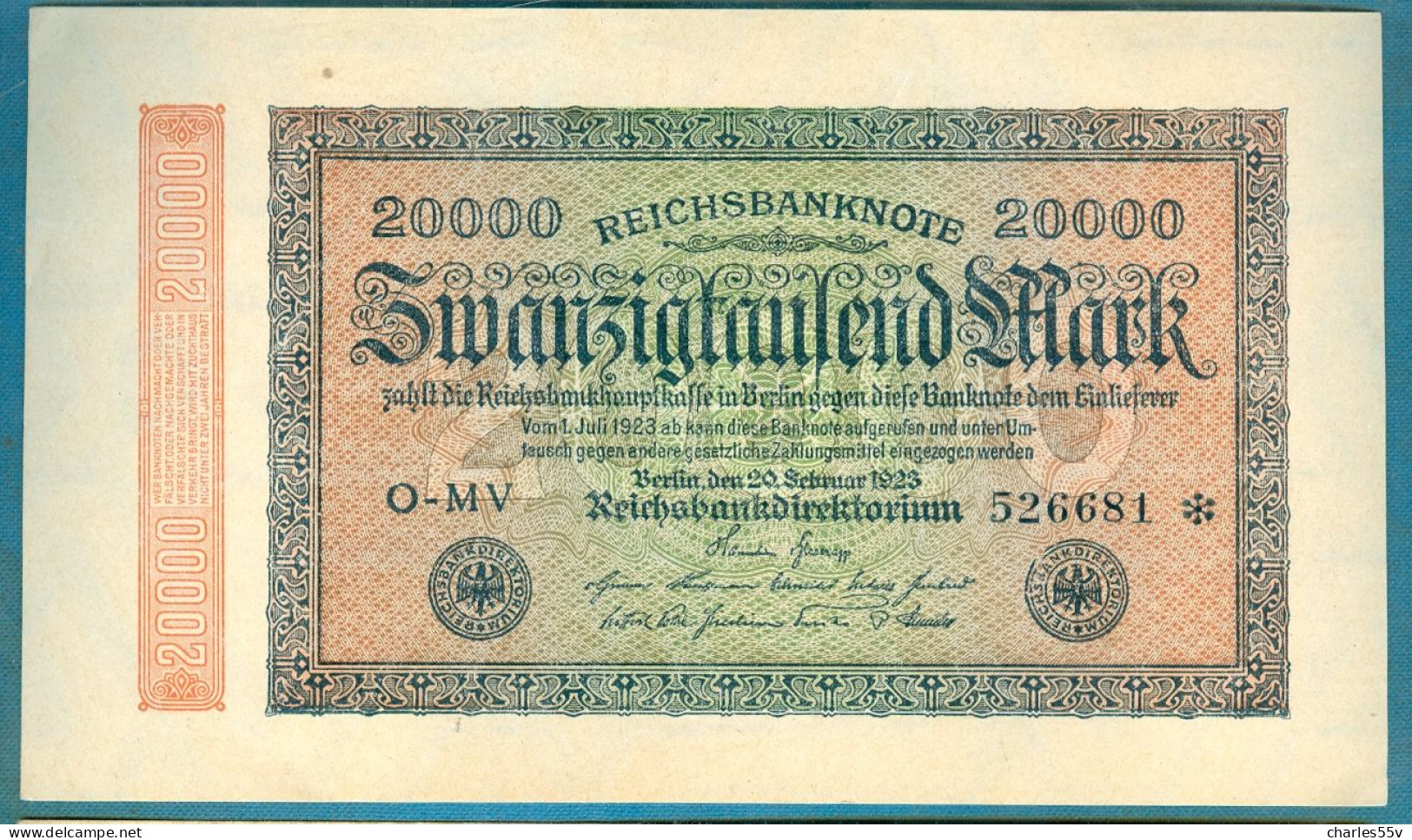 20000 Mark 20.2.1923 Serie O-MV  Wmk. "Hakensterne"   AUNC - 20.000 Mark