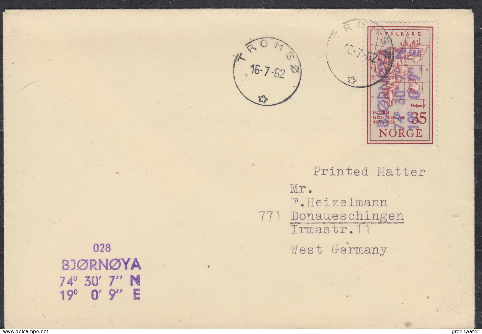 Norway Bjornoya Stamp Overprinted Bjornoya Ca Tromso 16.7.1962 (ZO194) - Scientific Stations & Arctic Drifting Stations