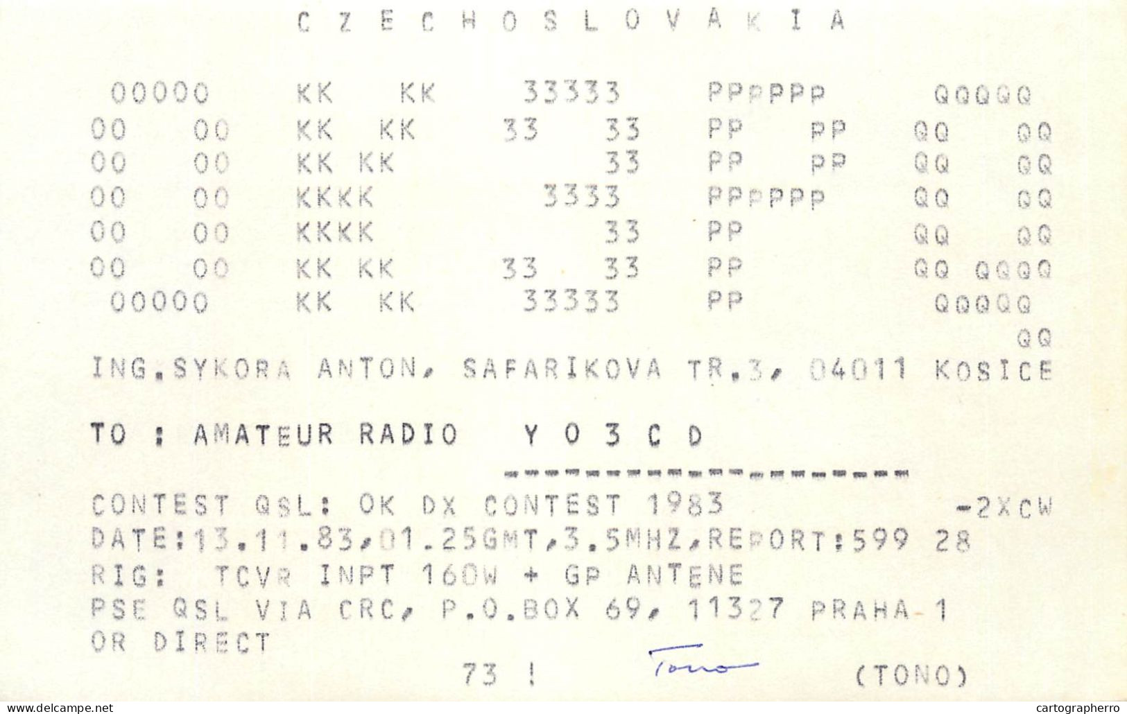 QSL Card Czechoslovakia Radio Amateur Station OK3PQ  Y03CD 1983 Tono - Radio Amatoriale