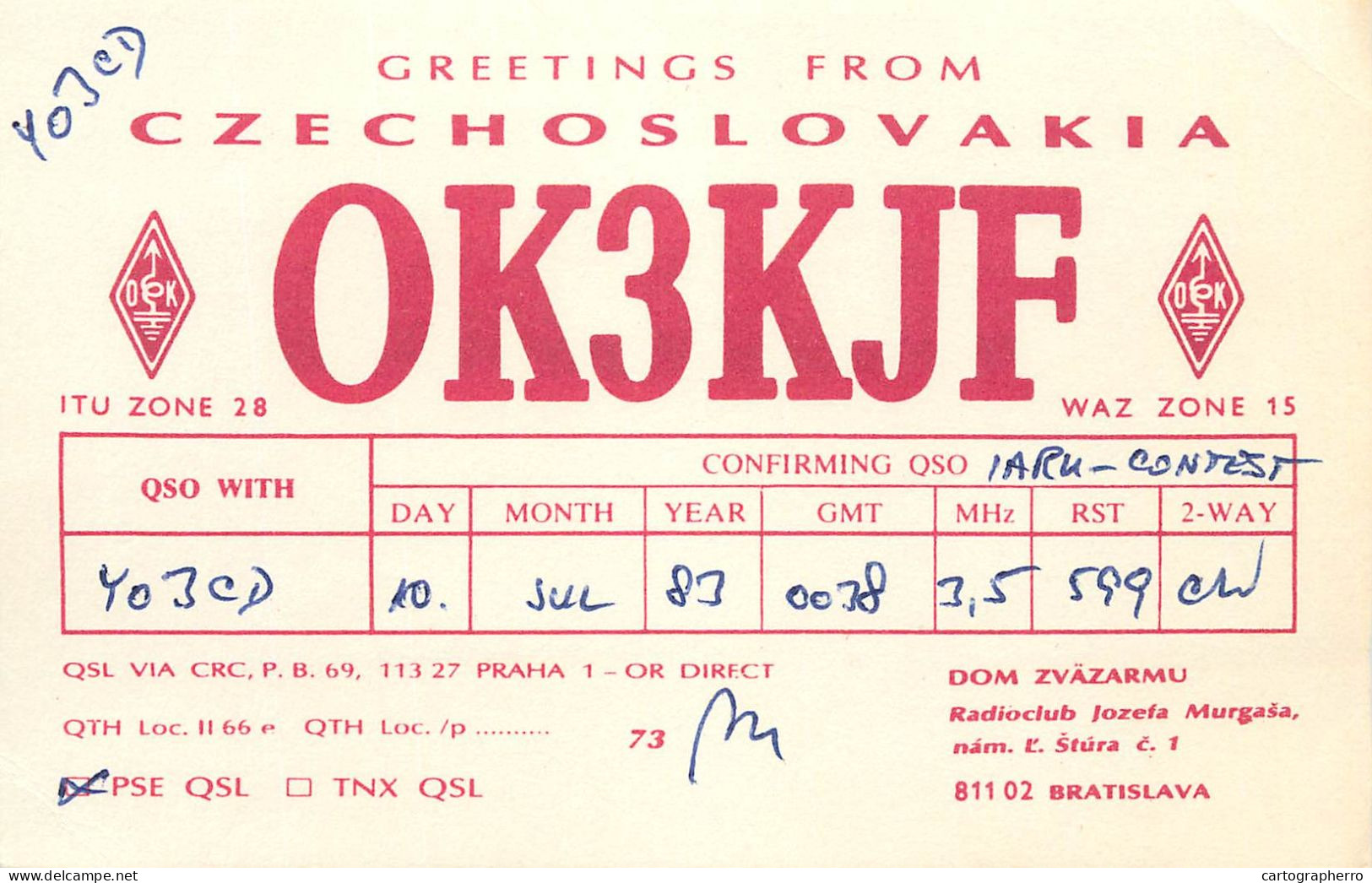 QSL Card Czechoslovakia Radio Amateur Station OK3KJF  Y03CD Dom 1983 - Radio Amatoriale