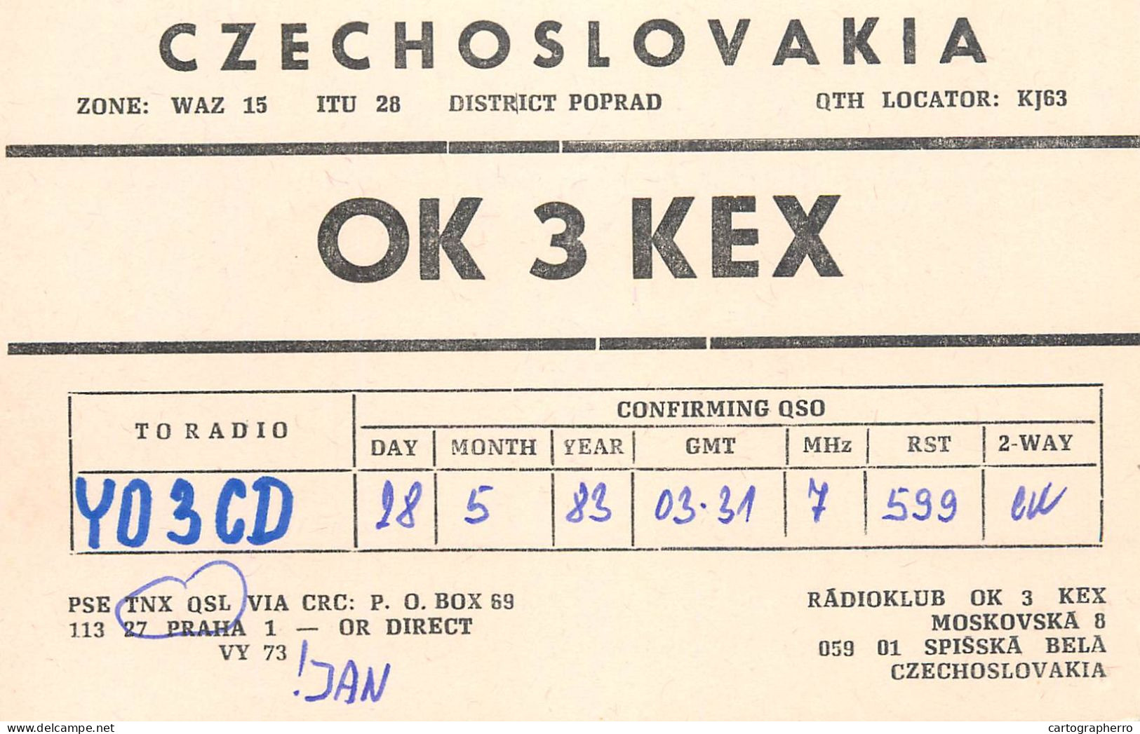 QSL Card Czechoslovakia Radio Amateur Station OK3KEX Y03CD 1983 Bela - Radio Amatoriale