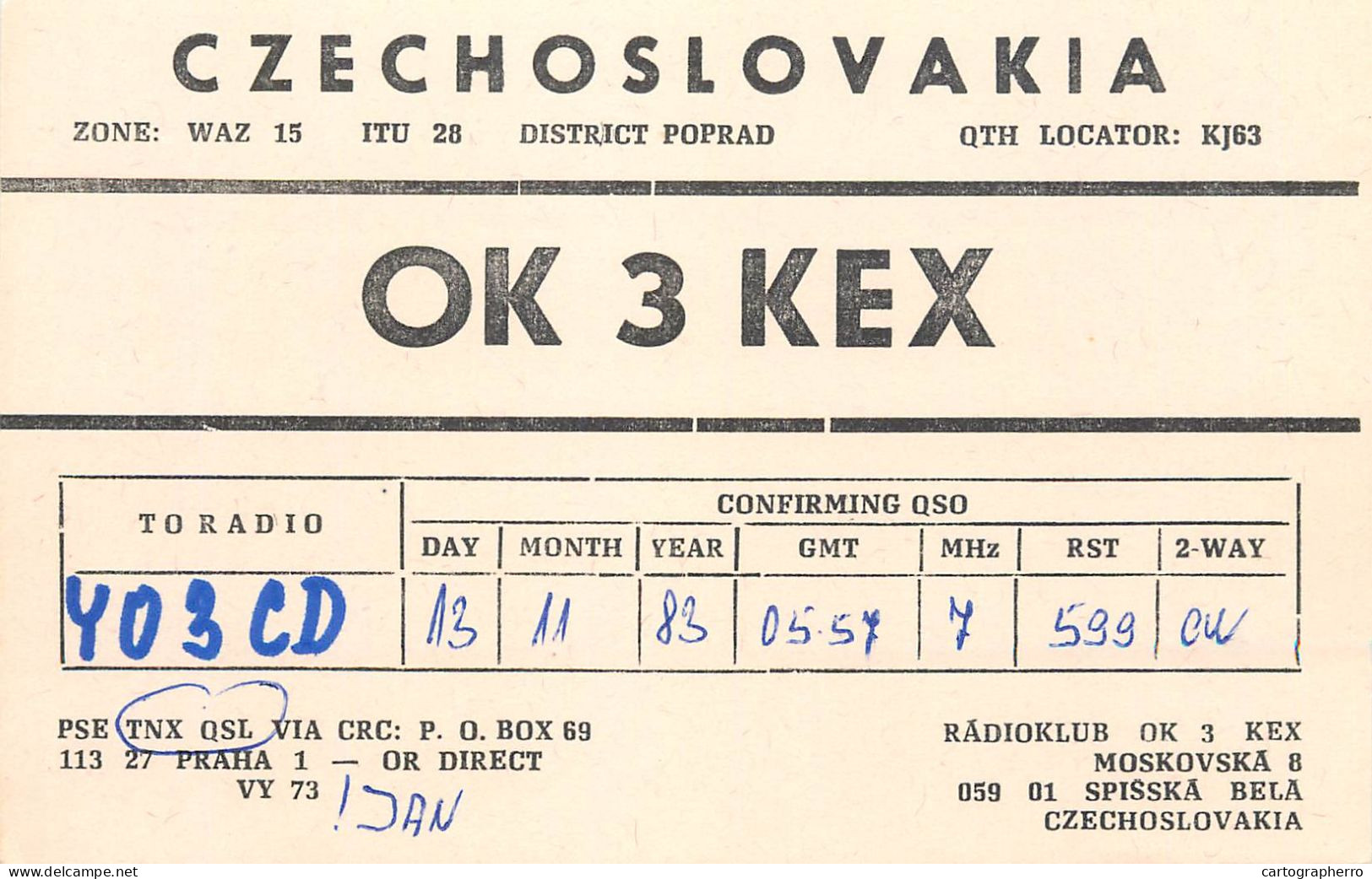 QSL Card Czechoslovakia Radio Amateur Station OK3KEX Y03CD 1983 Bela - Radio Amatoriale