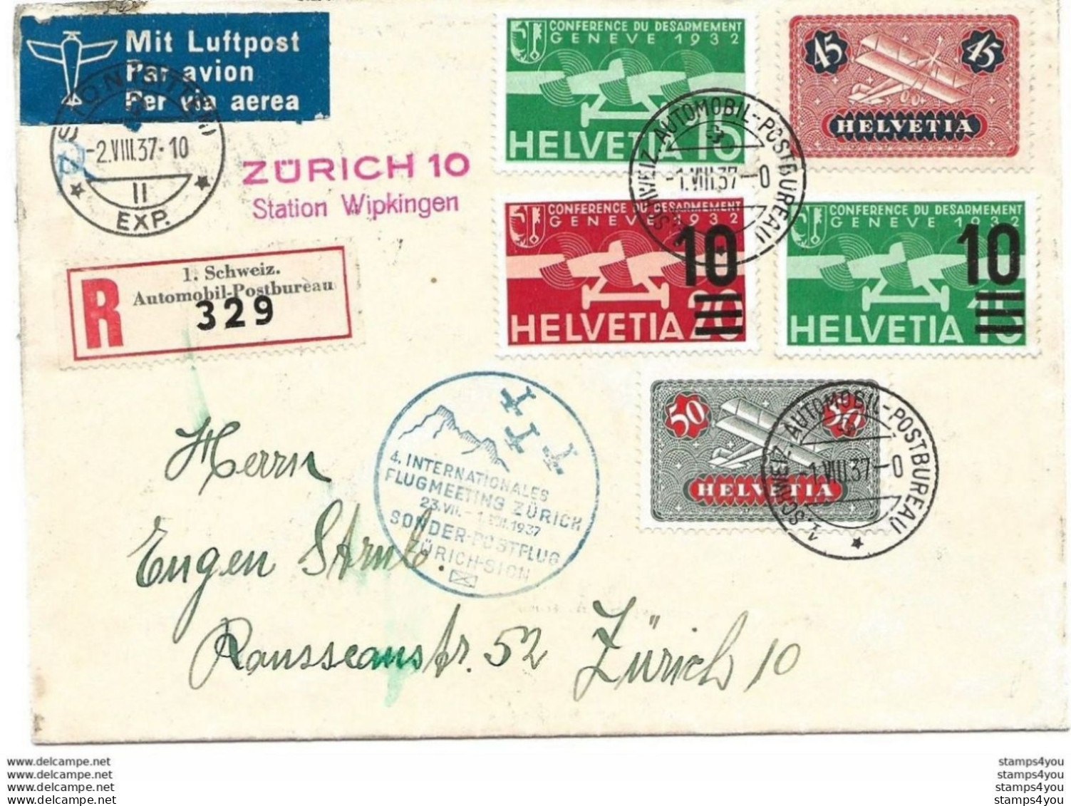 13 - 70 - Enveloppe Recommandée "4. Flugmeeting Zürich 1937" Superbe Affranchissement - Autres & Non Classés