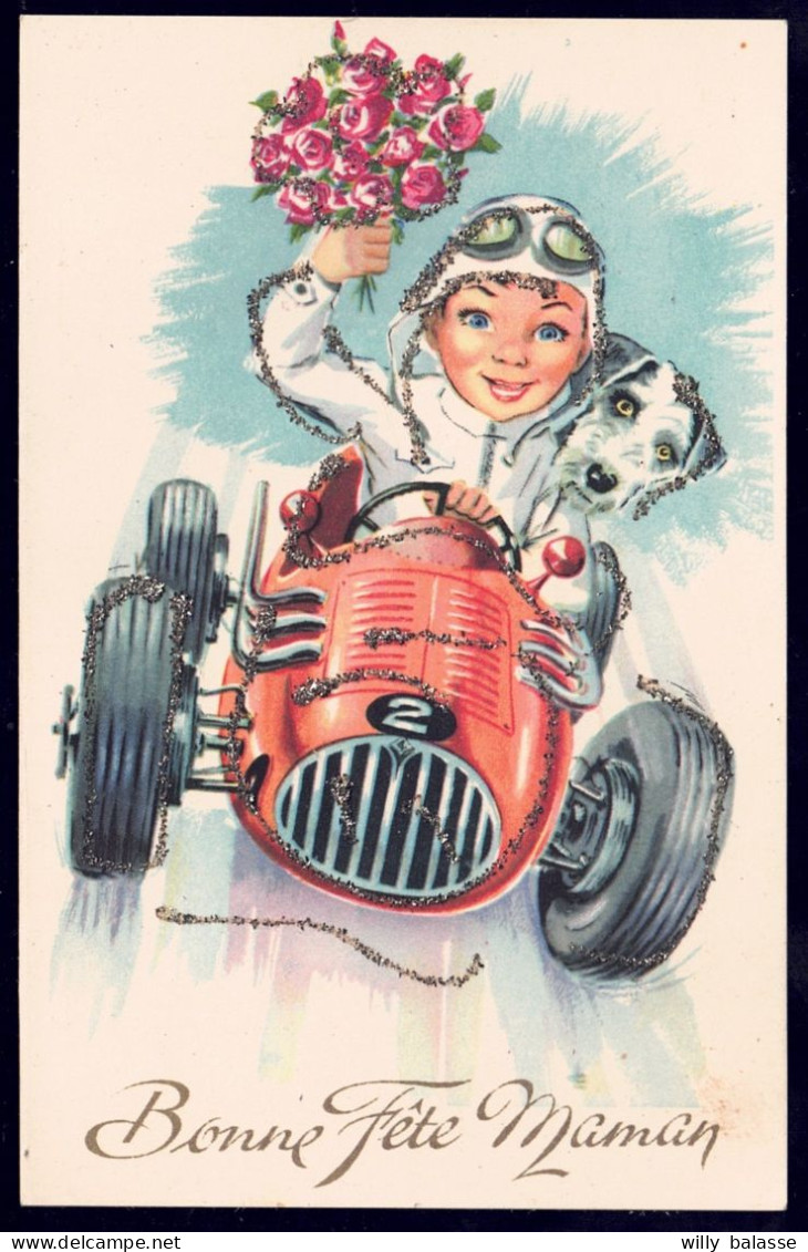 +++ CPA Fantaisie - Bonne Fête Maman - Auto - Car - Voiture De Course - Chien - Paillettes  // - Fête Des Mères