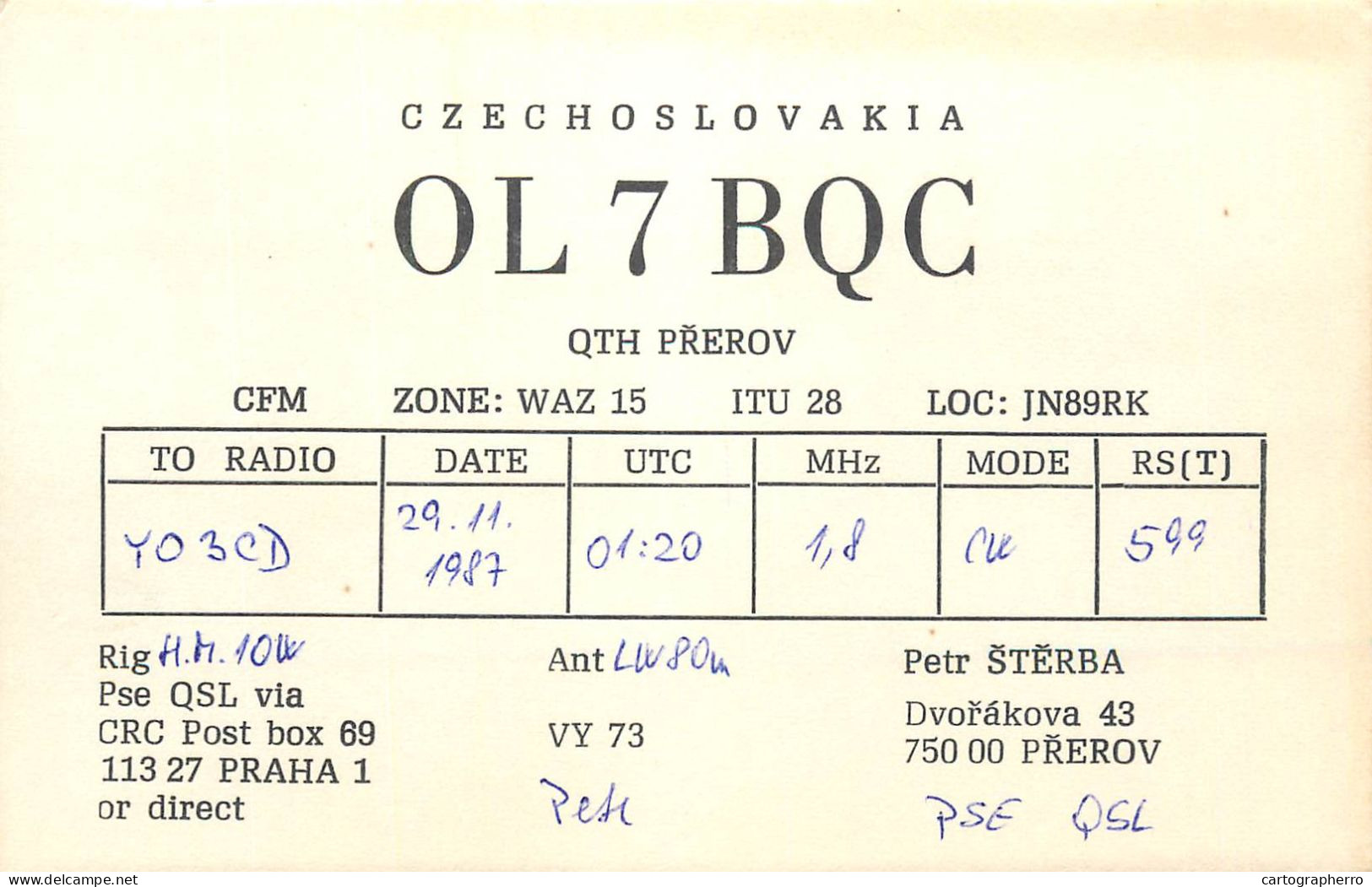 QSL Card Czechoslovakia Radio Amateur Station OL7BQC Y03CD 1987 Petr Sterba - Radio Amatoriale