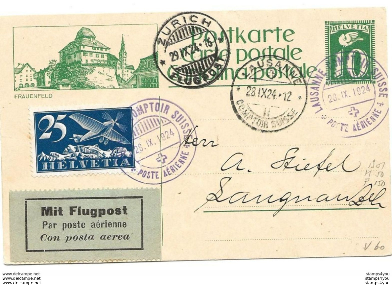 13 - 58 - Entier Postal  Lausanne Comptoir Suisse - Vol Lausanne-Zürich 1924 - Sonstige & Ohne Zuordnung