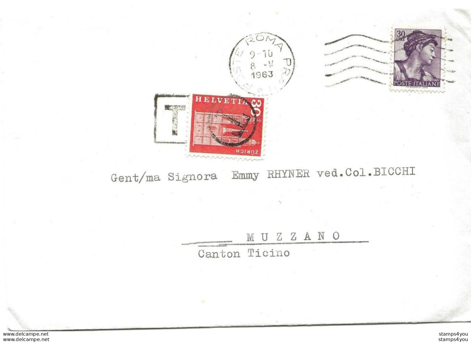 44 - 13 - Enveloppe Envoyée D'Italie En Suisse - Affranchissement Insuffisant - Timbre Suisse Avec Cachet "T" Taxe 1963 - Postage Due