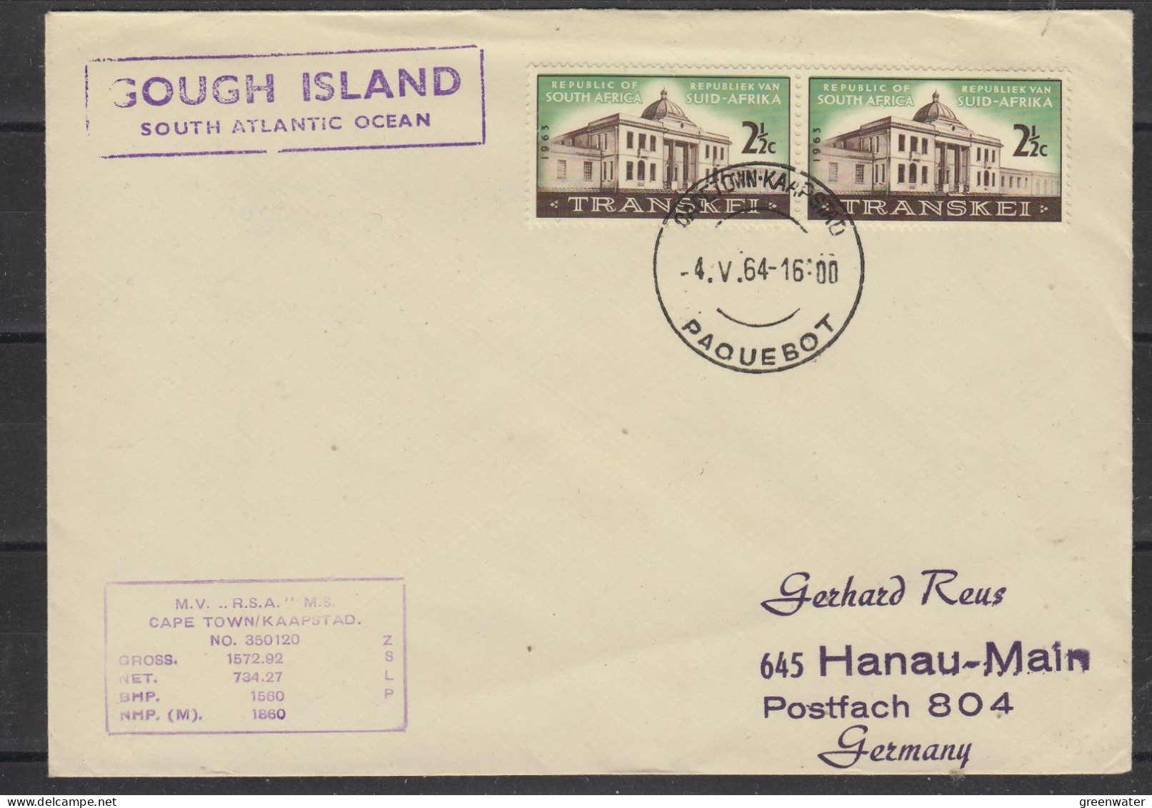 South Africa Cover MV Cape Town / Kaapstad Ca Gough Island Ca  MV Cape Town 4.5.1964 (ZO197) - Navi Polari E Rompighiaccio