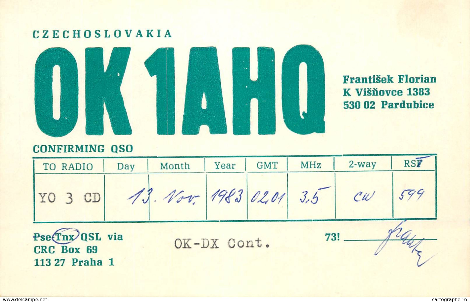 QSL Card Czechoslovakia Radio Amateur Station OK1AHQ Y03CD 1983 Florian Frantisek - Radio Amatoriale