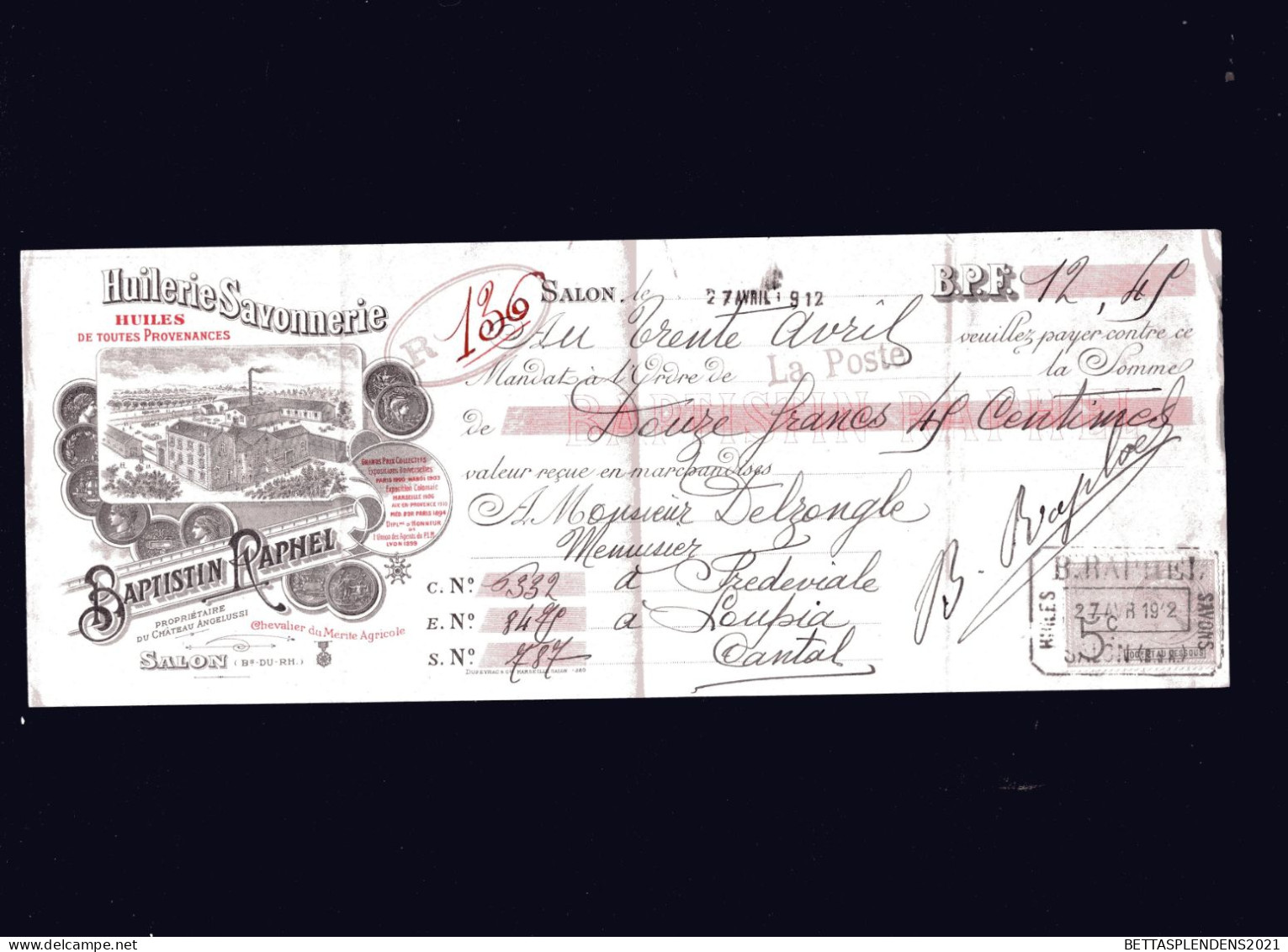 SALON - Lettre De Change Illustrée 1912 - HUILERIE SAVONNERIE -  BAPTISTIN RAPHEL - Bills Of Exchange