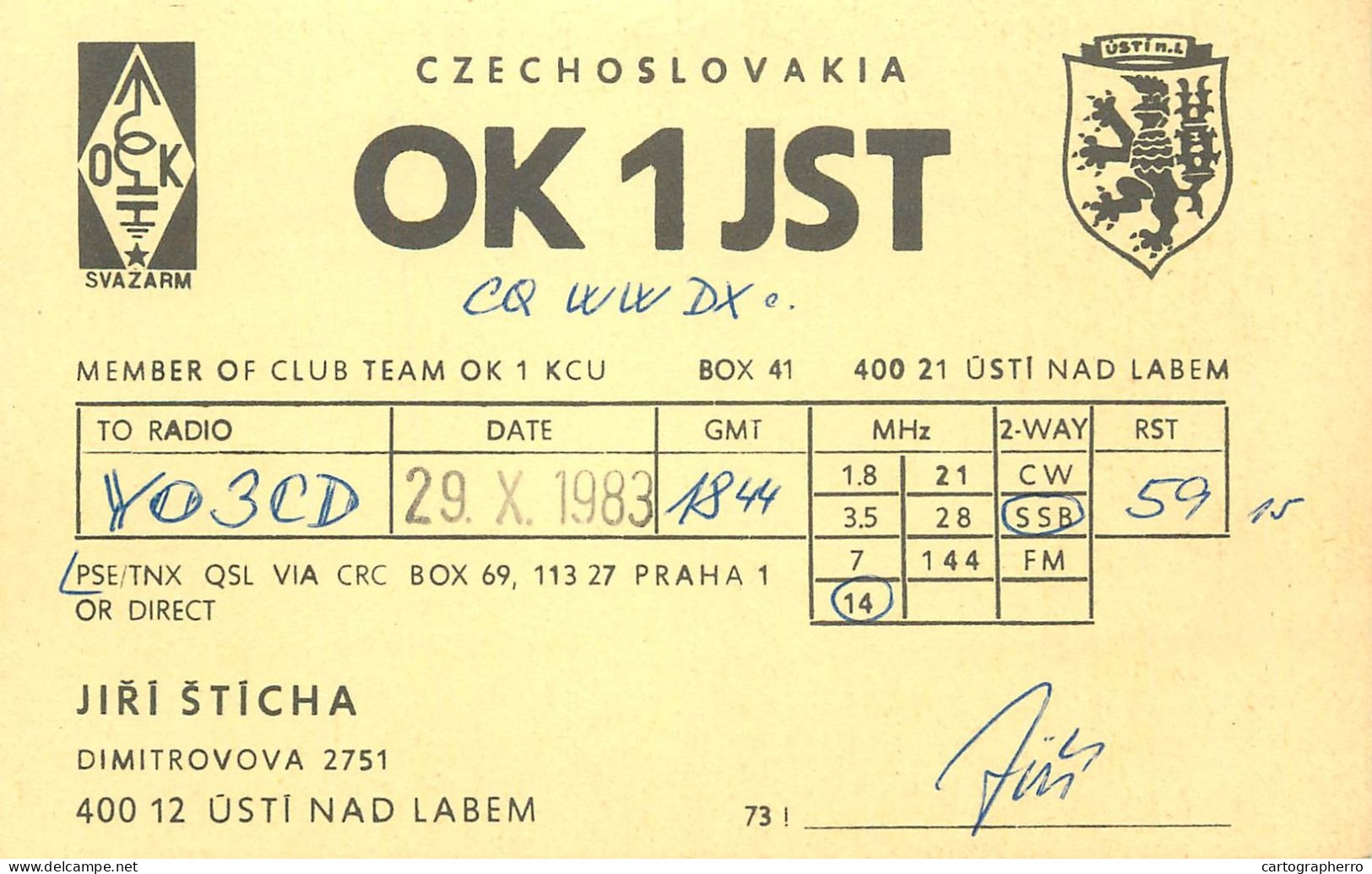 QSL Card Czechoslovakia Radio Amateur Station OK1JSTY03CD 1983 Jiri Sticha - Radio Amateur