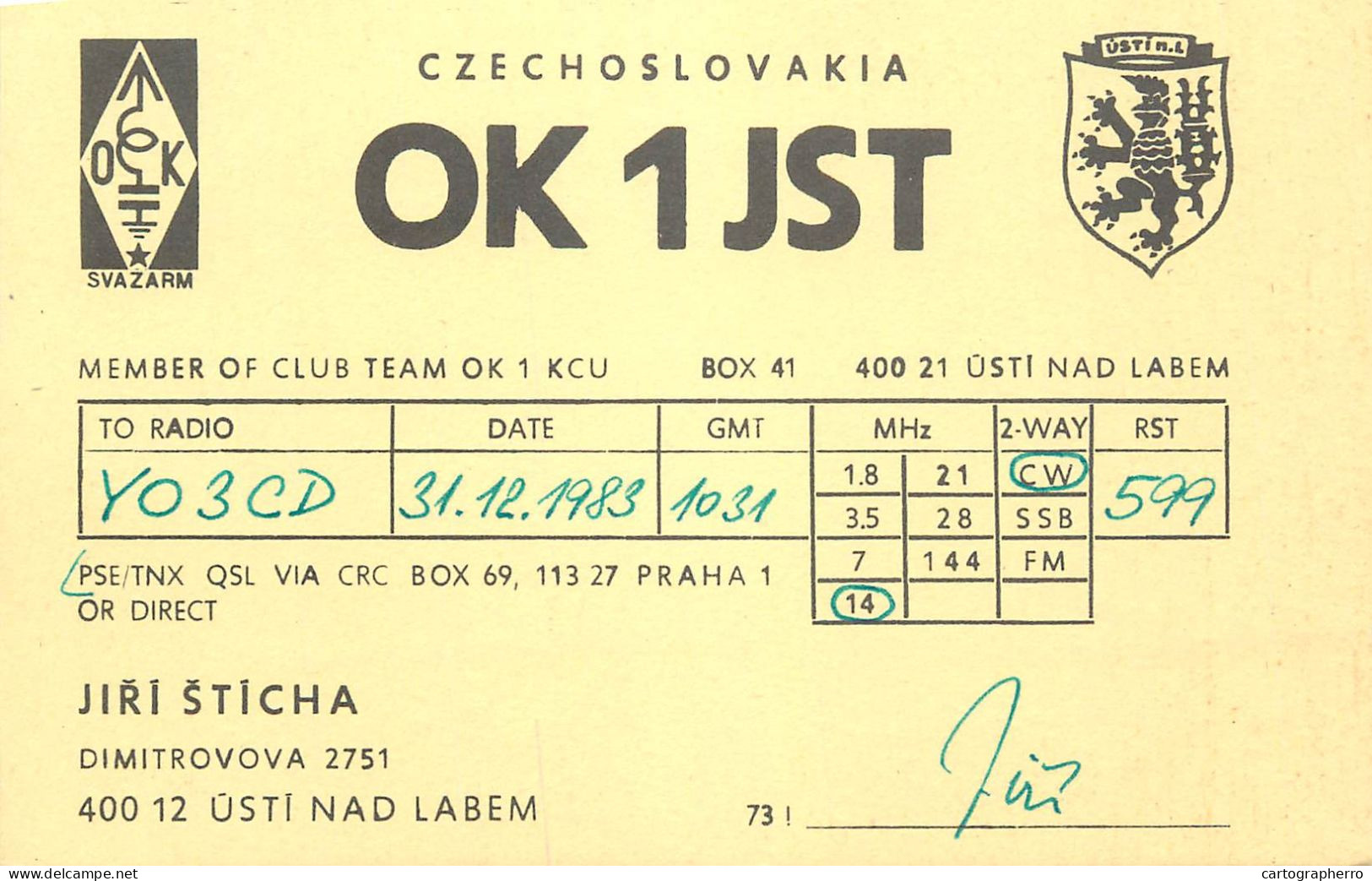 QSL Card Czechoslovakia Radio Amateur Station OK1JSTY03CD 1983 Jiri Sticha - Radio Amatoriale