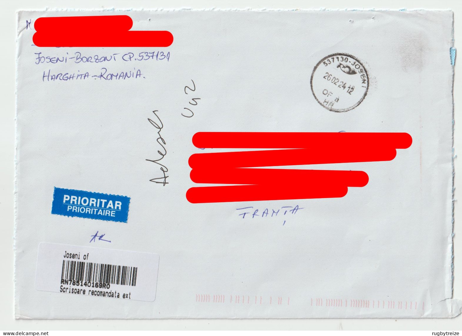 7673 Lettre Cover ROUMANIE ROMANIA Recommandé Registered Code Barre Joseni Recomandata - Marcophilie