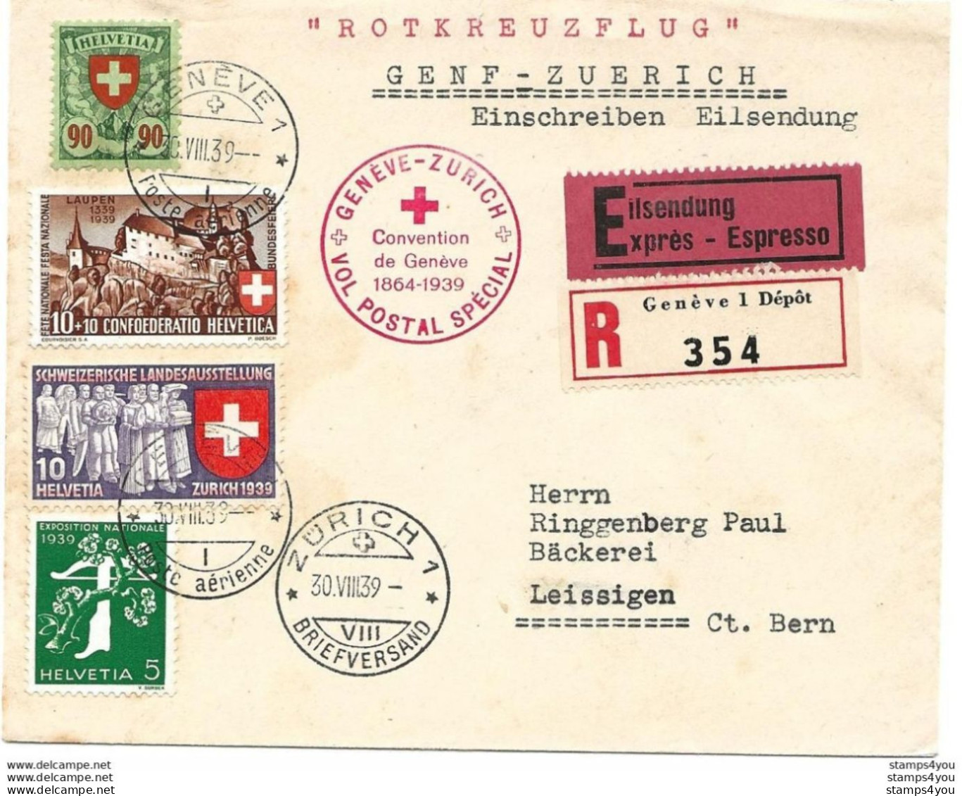 13 - 2 - Enveloppe Recommandée Exprès Vol Postal Spécial Croix-Rouge Genève-Züich - Bel Affranchissement 1939 - Altri & Non Classificati