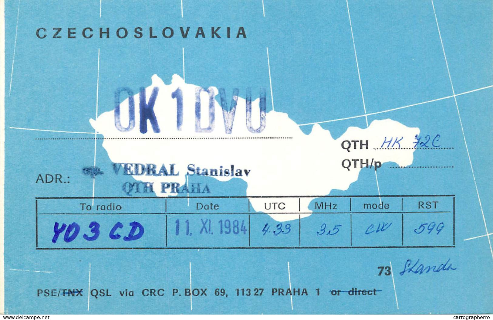 QSL Card Czechoslovakia Radio Amateur Station OK1DVD Y03CD 1984 Vedral Stanislav - Radio Amateur