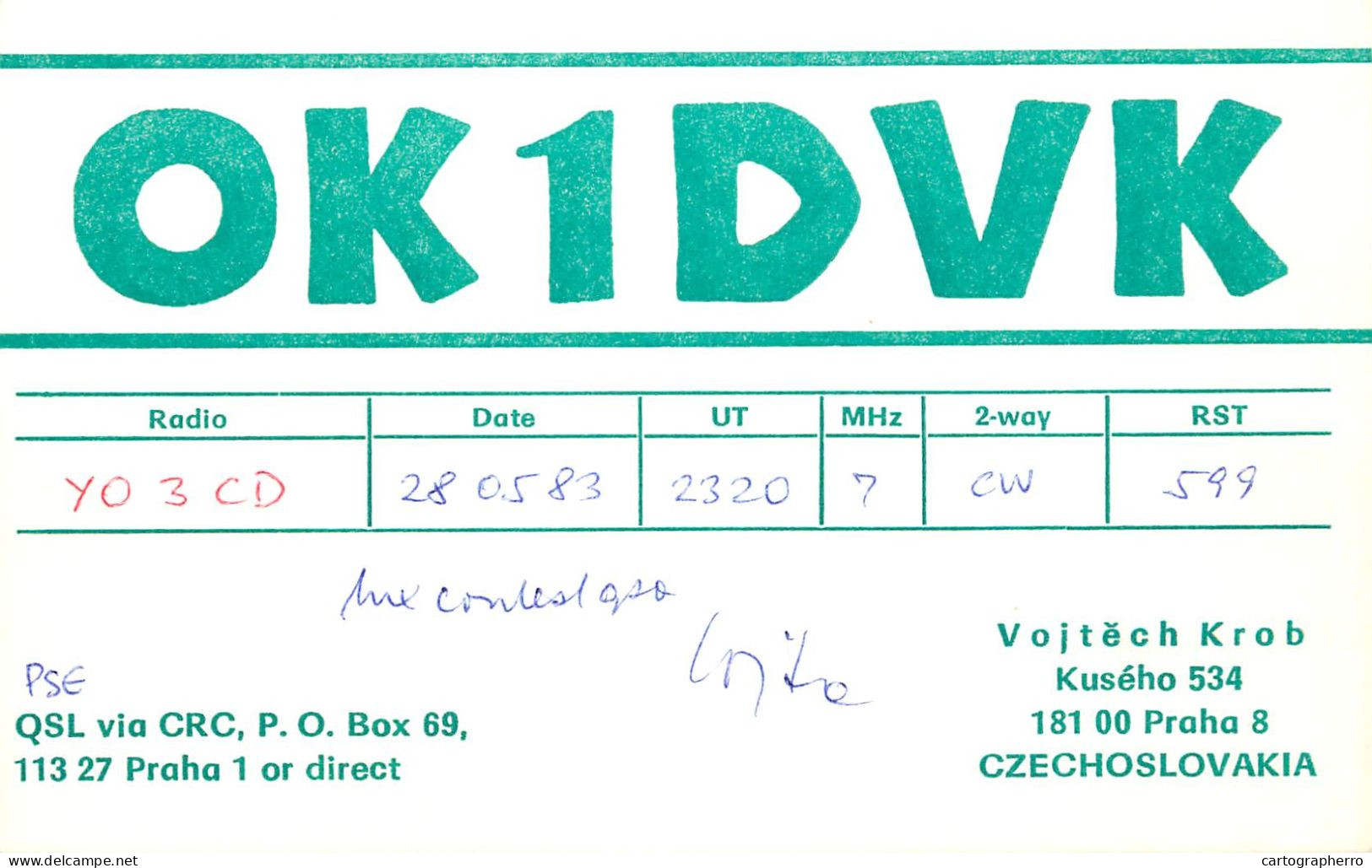 QSL Card Czechoslovakia Radio Amateur Station OK1DVK Y03CD 1983 Vojtech Krob - Radio Amateur