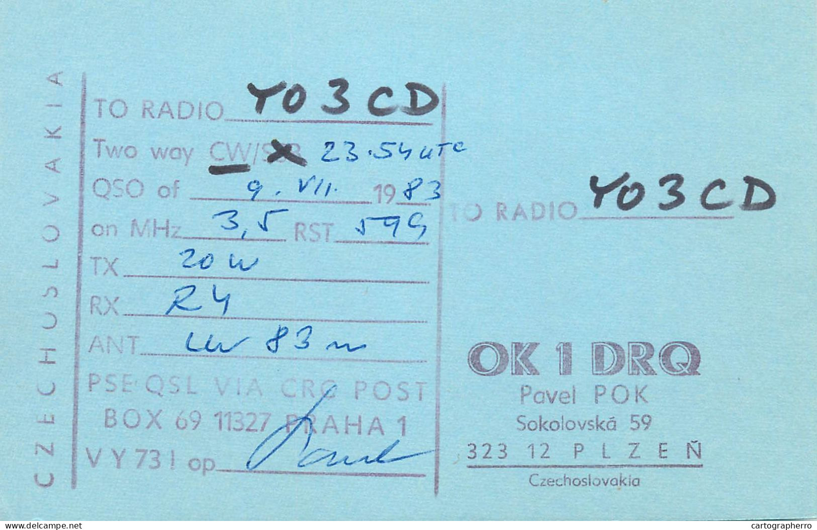 QSL Card Czechoslovakia Radio Amateur Station OK1DRQ Y03CD 1983 Pavel - Radio Amatoriale