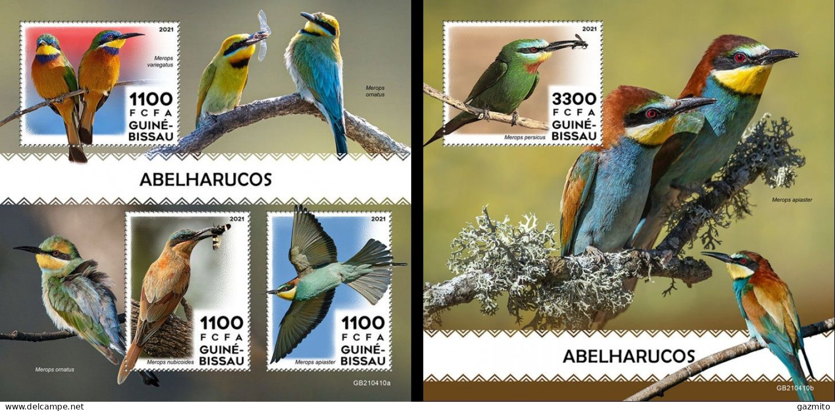 Guinea Bissau 2021, Animals, Bee-eaters, 3val In BF +BF - Pájaros Cantores (Passeri)