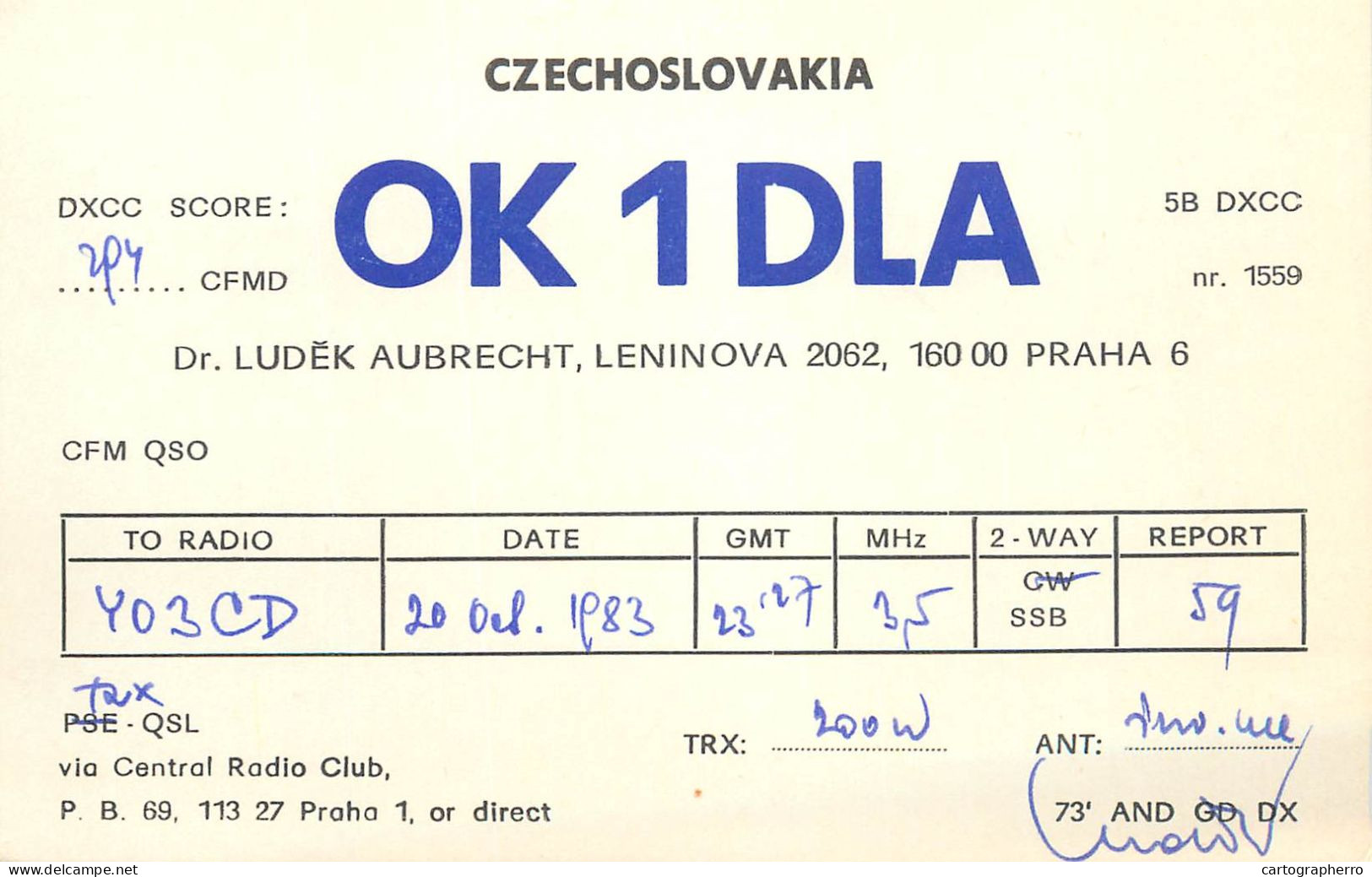 QSL Card Czechoslovakia Radio Amateur Station OK1DLA Y03CD 1983 Ludek Aubrecht - Radio Amateur