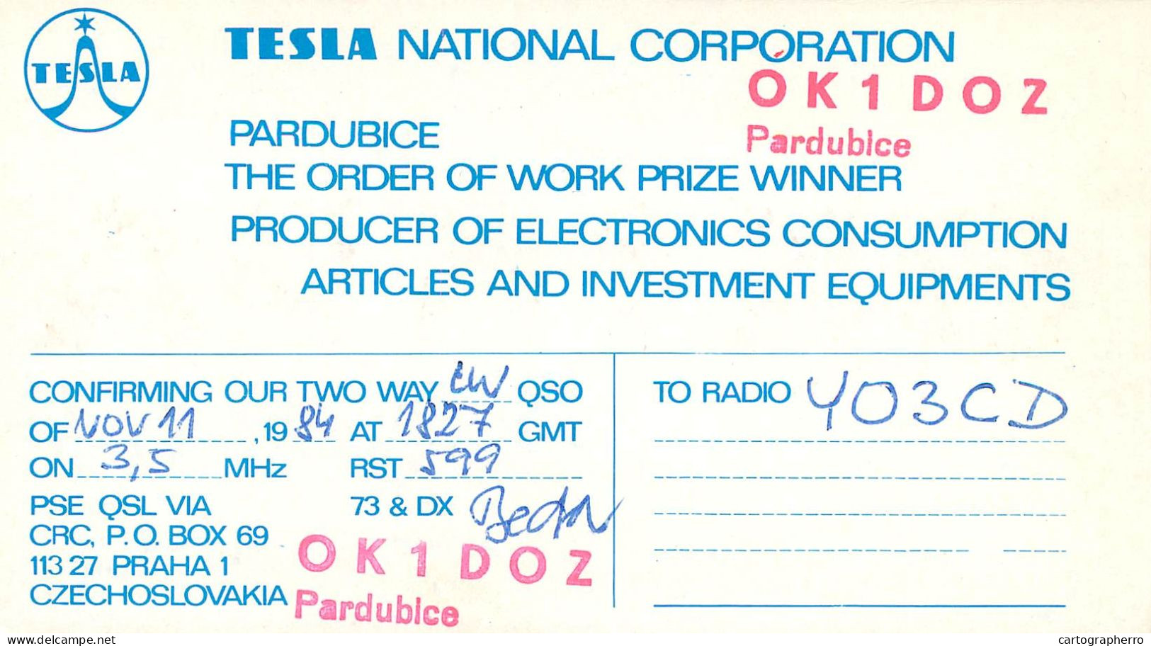 QSL Card Czechoslovakia Radio Amateur Station OK1KPA HK79D Pardubice - Radio Amatoriale