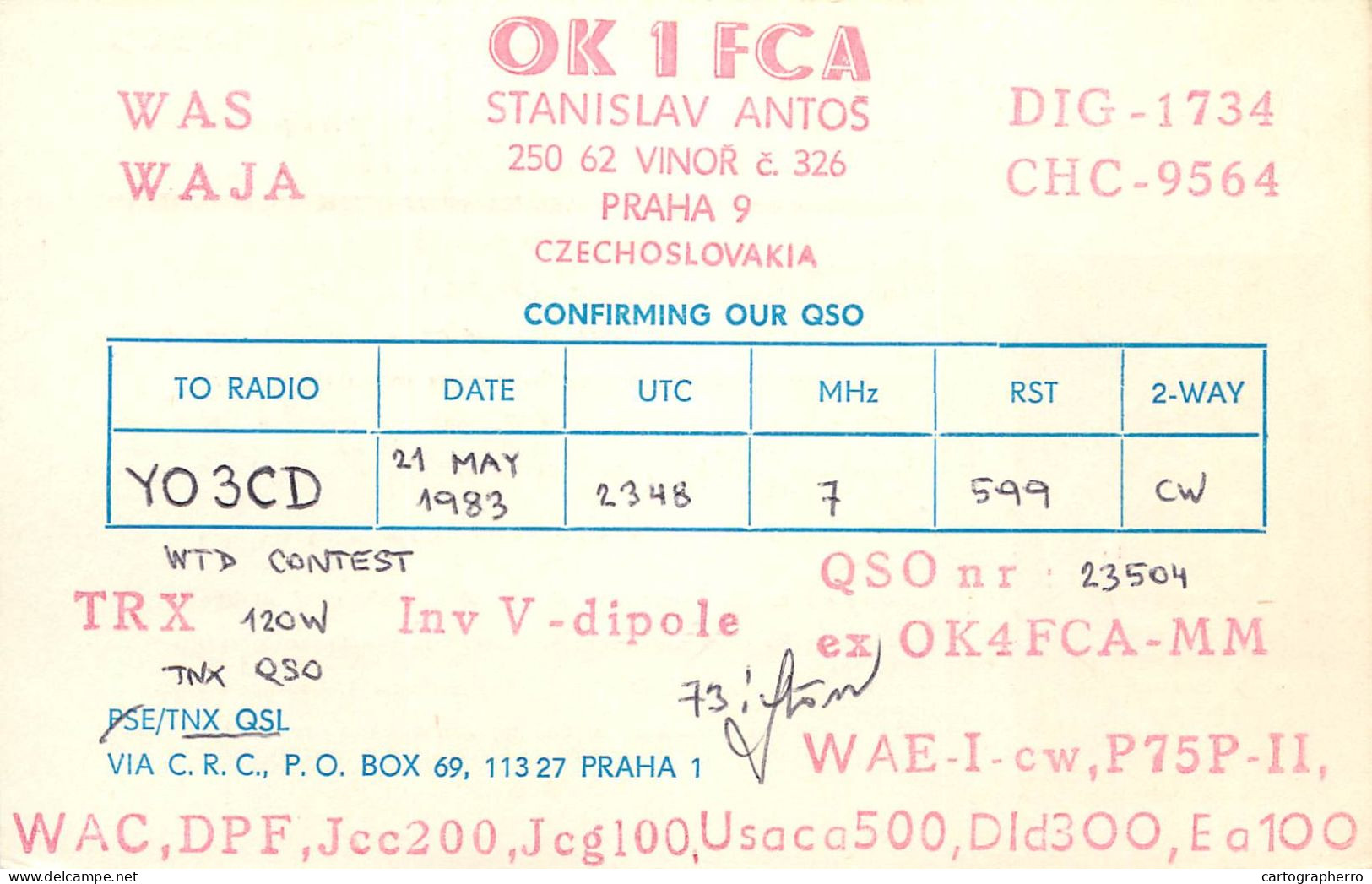 QSL Card Czechoslovakia Radio Amateur Station OK1FCA Y03CD Stanislav Antos - Radio Amateur