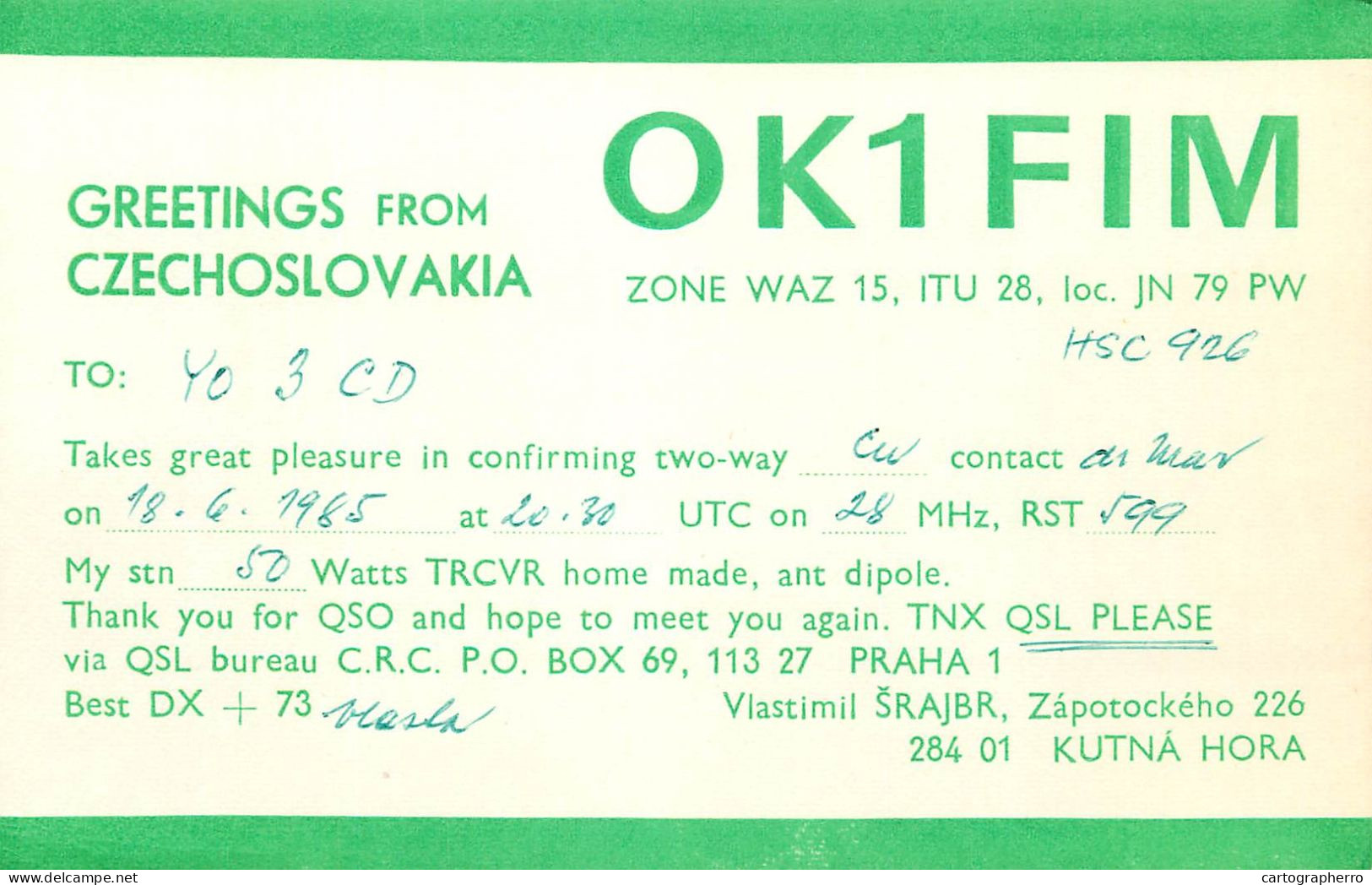 QSL Card Czechoslovakia Radio Amateur Station OK1FIM Y03CD Vlastimil Srajbr - Radio Amatoriale