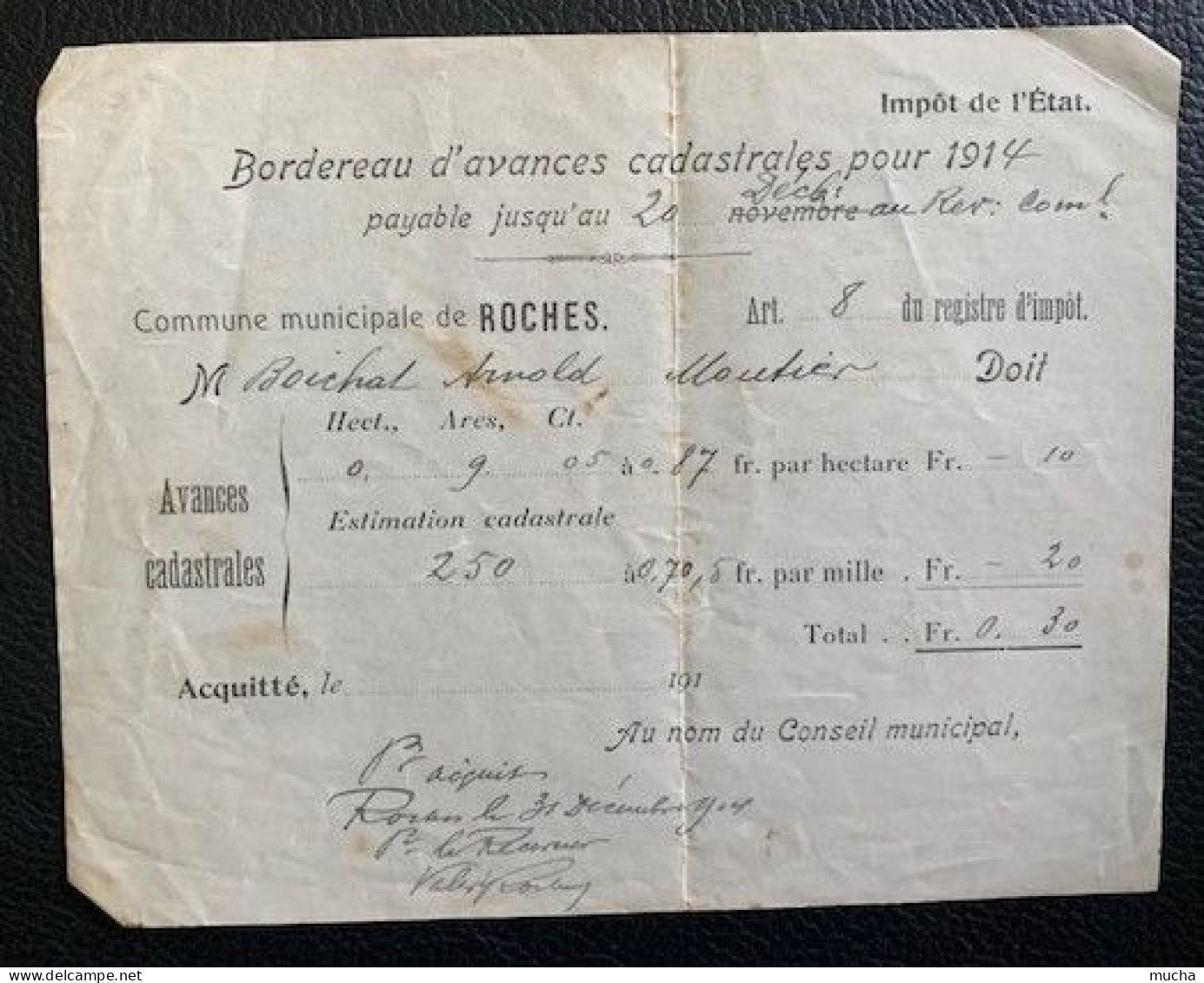 70100 - Bordereau D'avances Cadastrales Pour 1914 Commune De Roches - Zwitserland